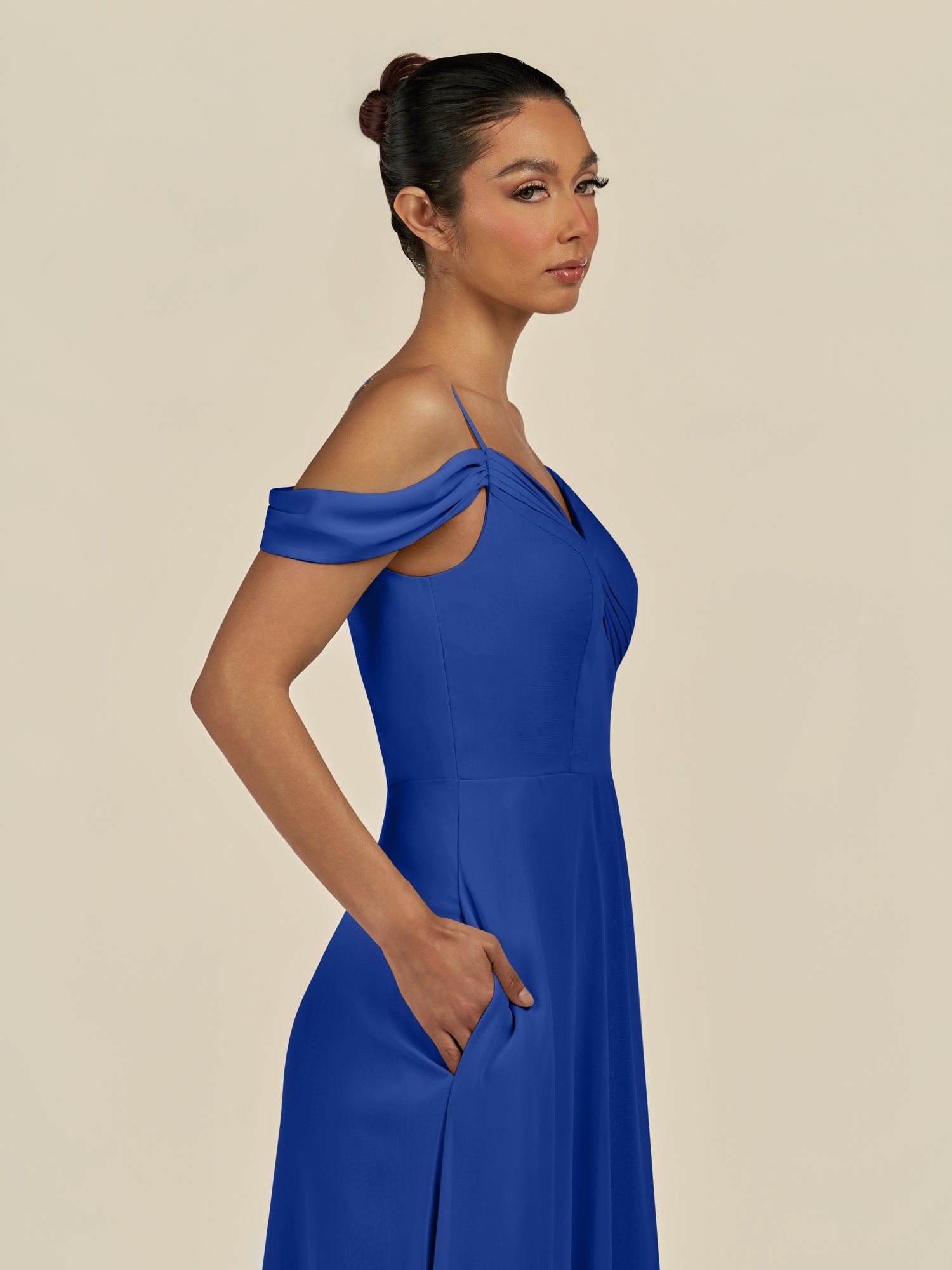 KissDress-Elvani Royal Blue A Line Chiffon Off the Shoulder Long Bridesmaid Dress with Pleats