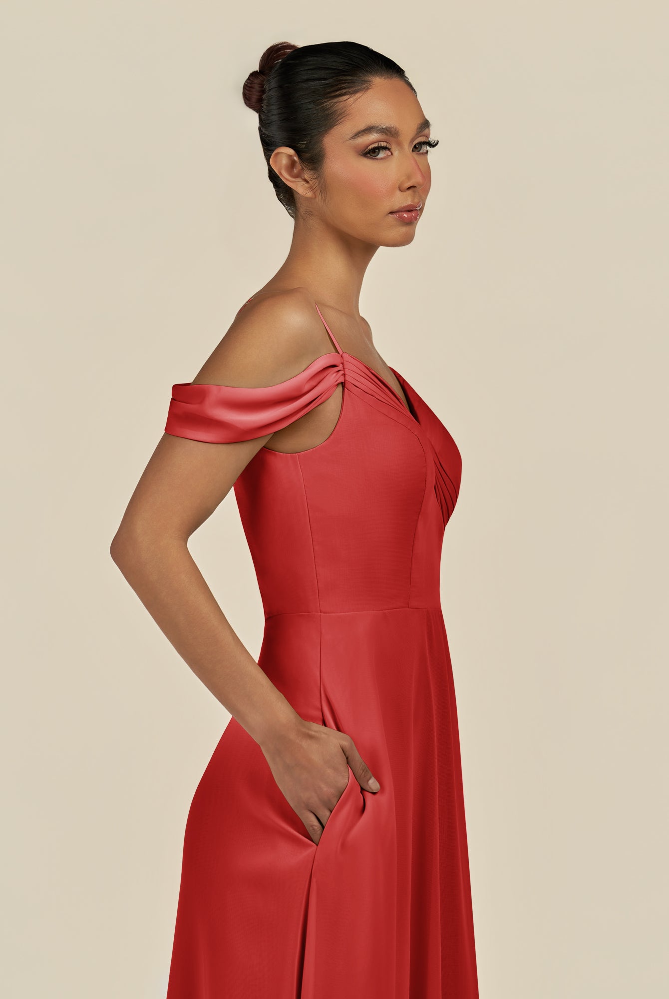 KissDress-Elvani Ruby Red A Line Chiffon Off the Shoulder Long Bridesmaid Dress with Pleats
