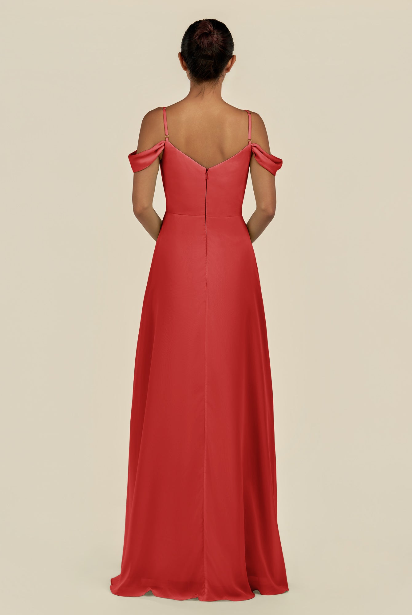KissDress-Elvani Ruby Red A Line Chiffon Off the Shoulder Long Bridesmaid Dress with Pleats