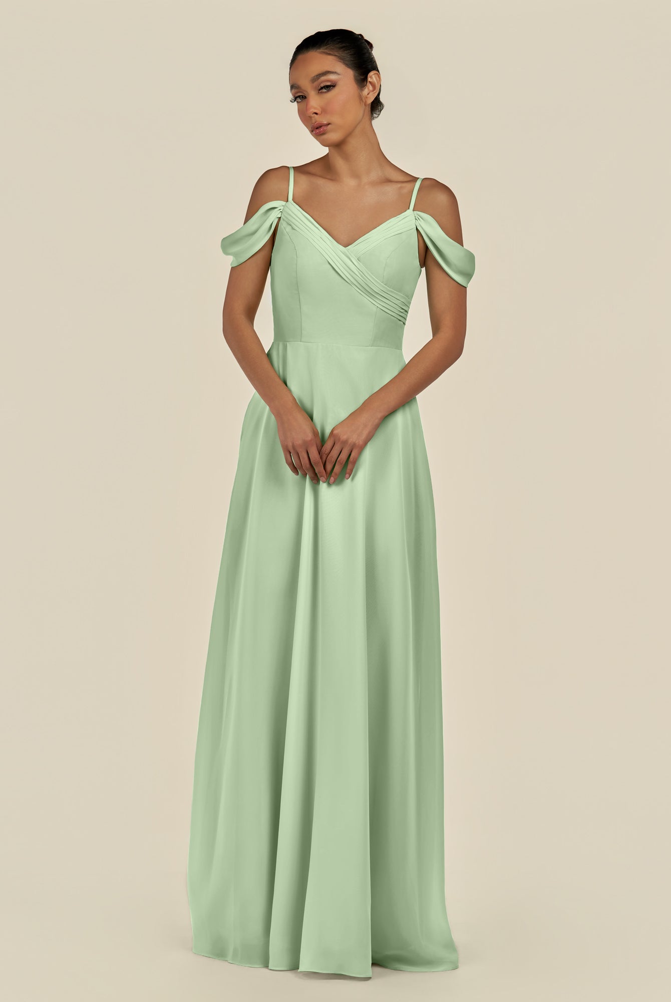 KissDress-Elvani Sage A Line Chiffon Off the Shoulder Long Bridesmaid Dress with Pleats