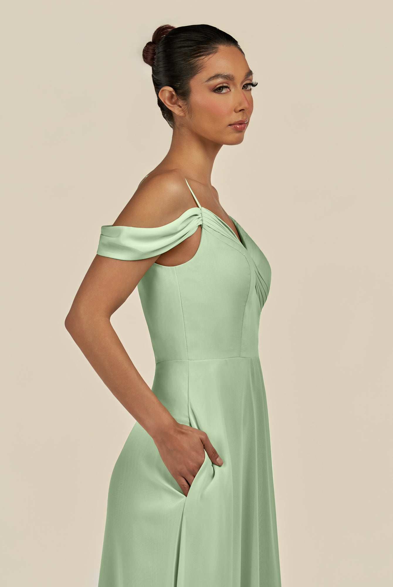 KissDress-Elvani Sage A Line Chiffon Off the Shoulder Long Bridesmaid Dress with Pleats