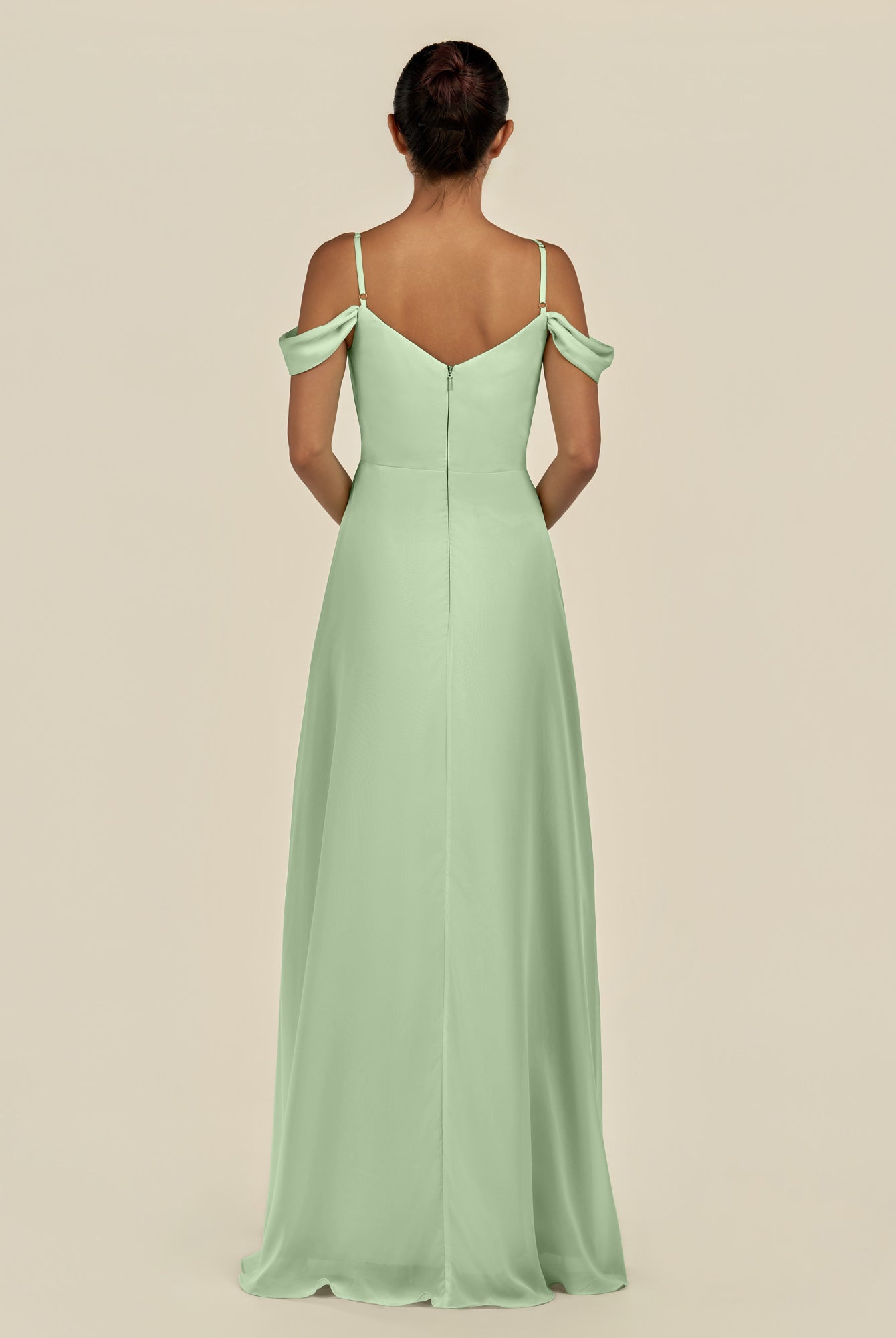KissDress-Elvani Sage A Line Chiffon Off the Shoulder Long Bridesmaid Dress with Pleats