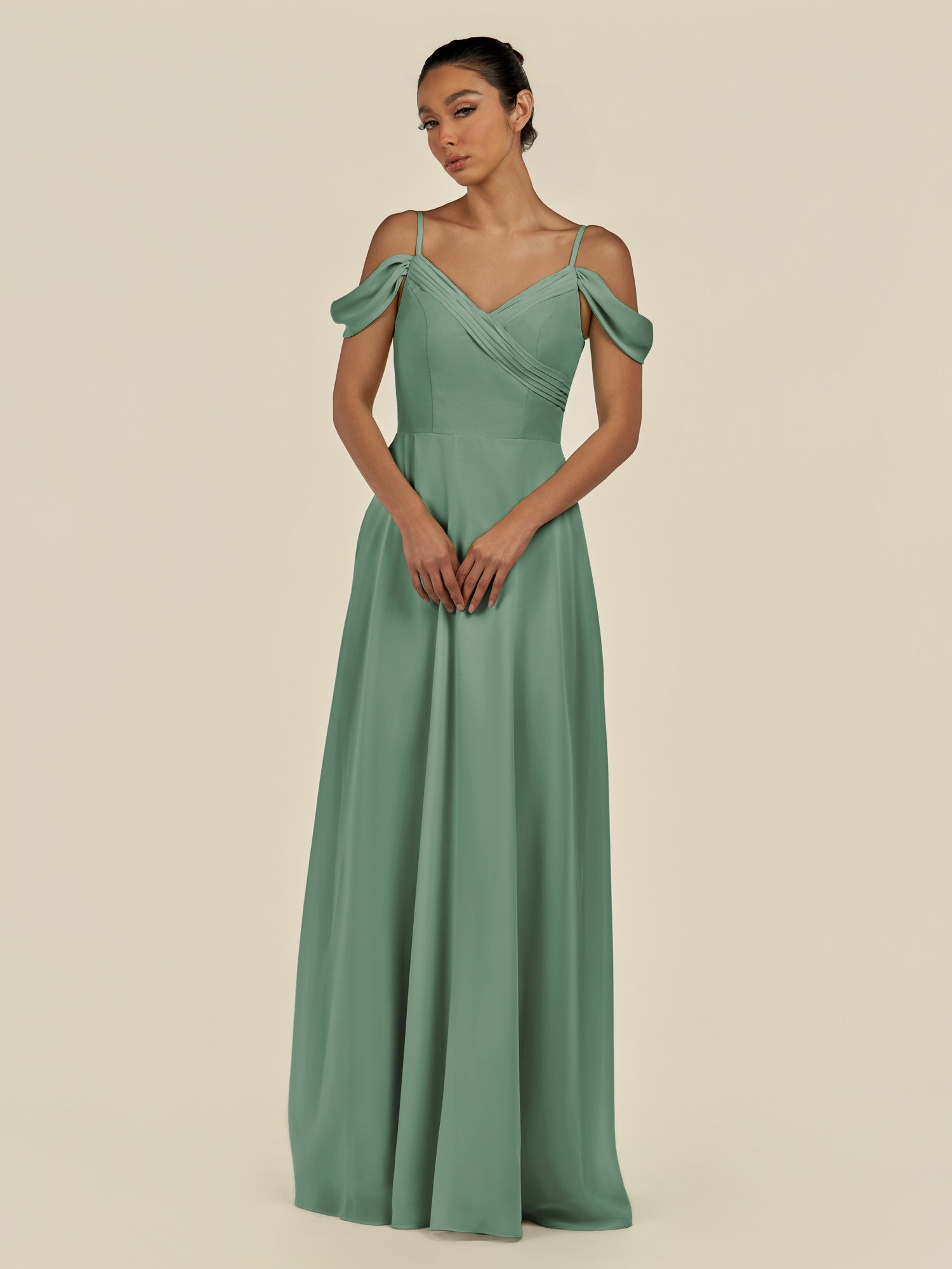 KissDress-Elvani Sea Glass A Line Chiffon Off the Shoulder Long Bridesmaid Dress with Pleats