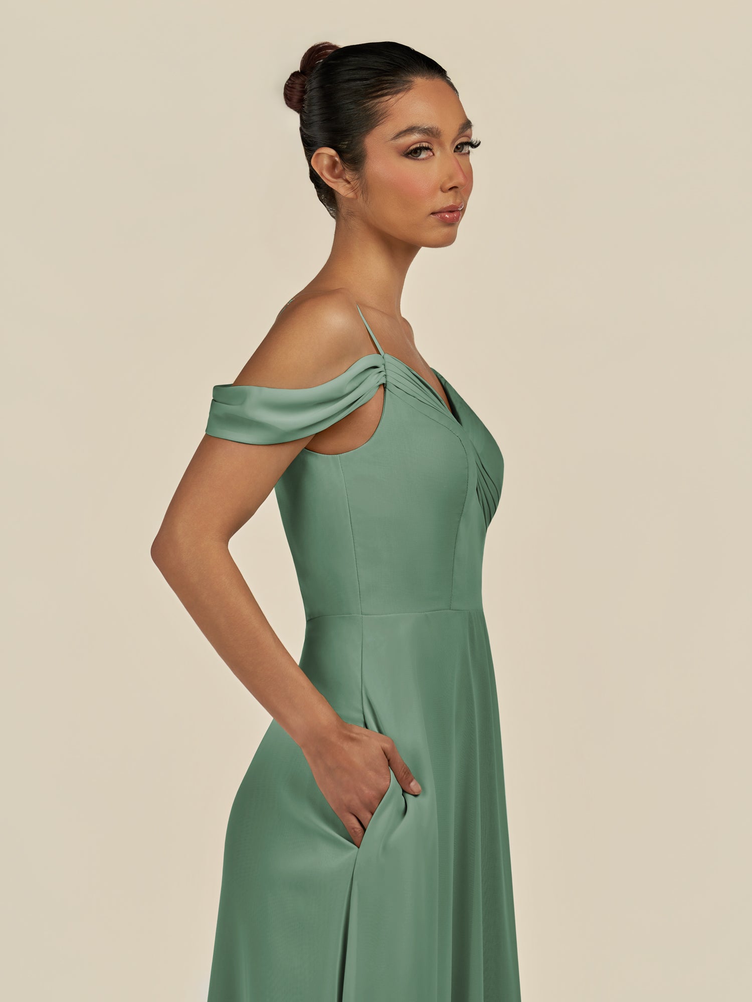 KissDress-Elvani Sea Glass A Line Chiffon Off the Shoulder Long Bridesmaid Dress with Pleats