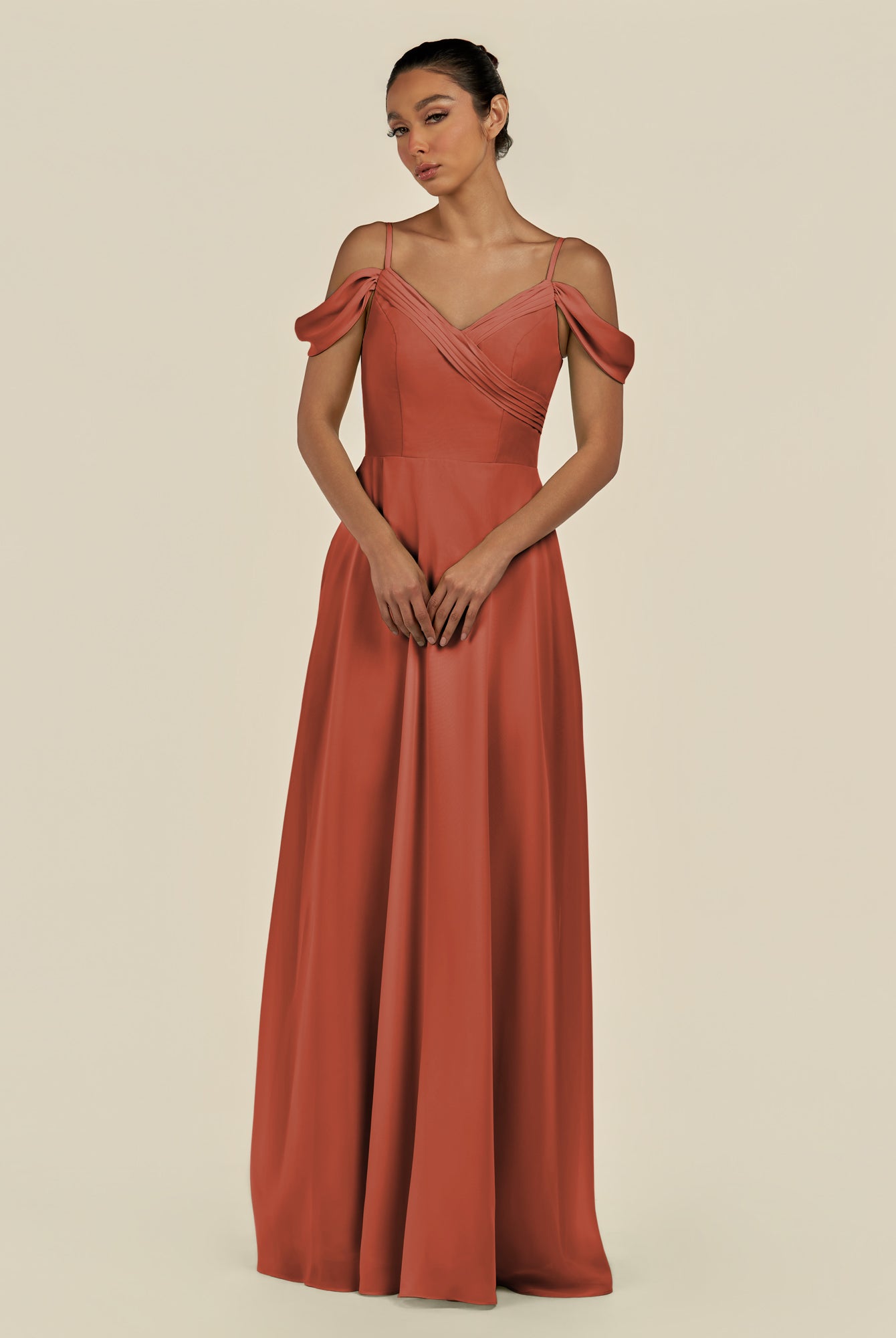 KissDress-Elvani Spice A Line Chiffon Off the Shoulder Long Bridesmaid Dress with Pleats