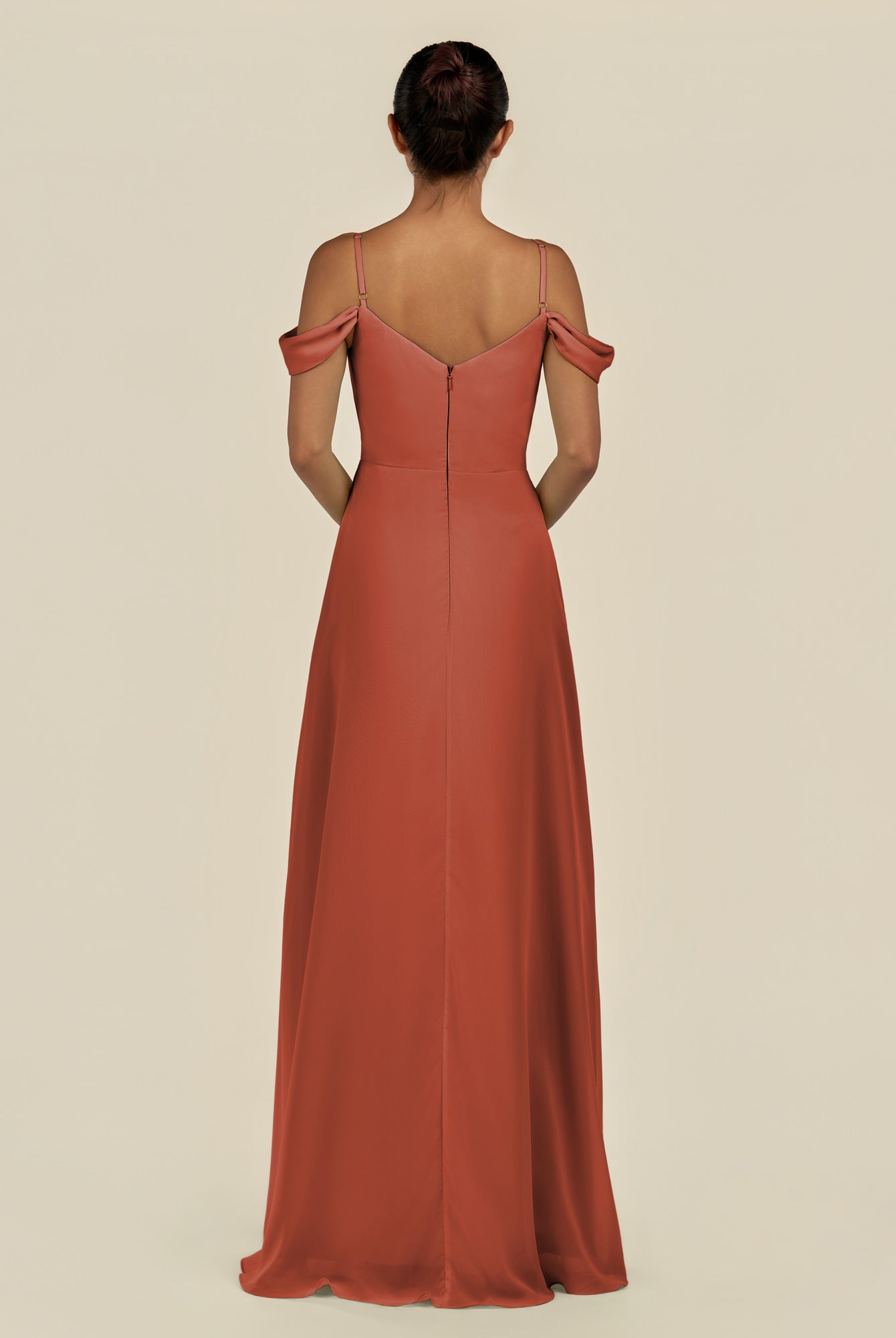 KissDress-Elvani Spice A Line Chiffon Off the Shoulder Long Bridesmaid Dress with Pleats