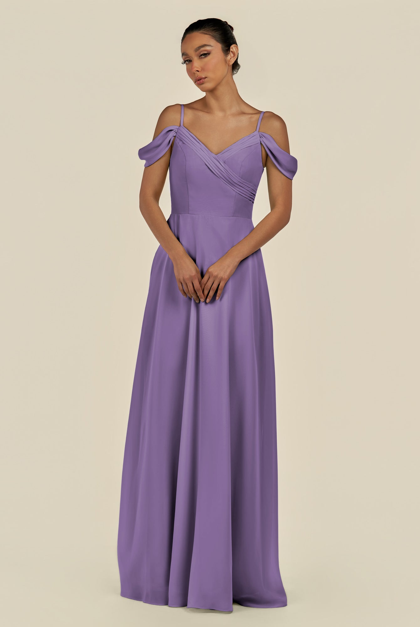 KissDress-Elvani Tahiti A Line Chiffon Off the Shoulder Long Bridesmaid Dress with Pleats