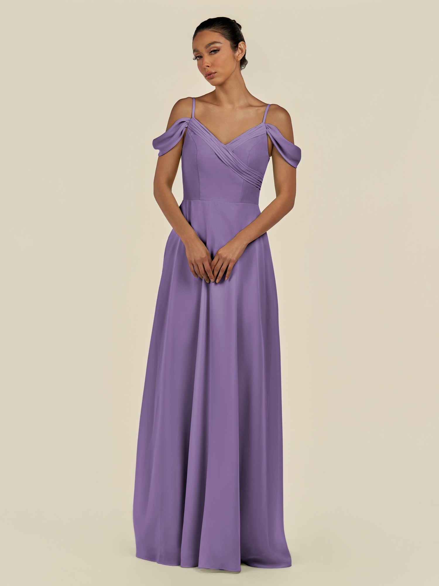KissDress-Elvani Tahiti A Line Chiffon Off the Shoulder Long Bridesmaid Dress with Pleats