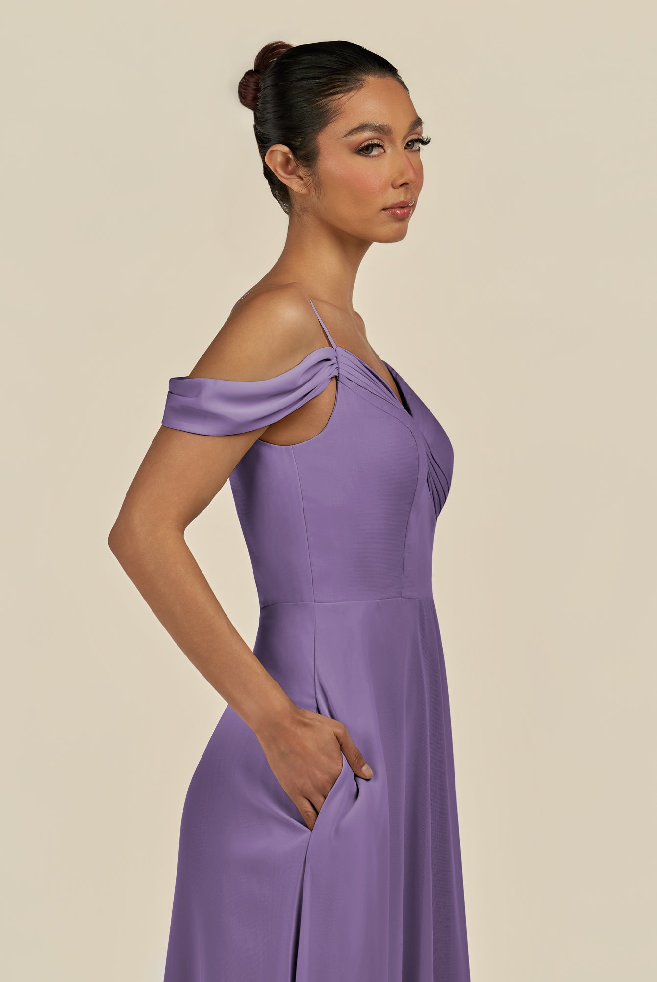KissDress-Elvani Tahiti A Line Chiffon Off the Shoulder Long Bridesmaid Dress with Pleats