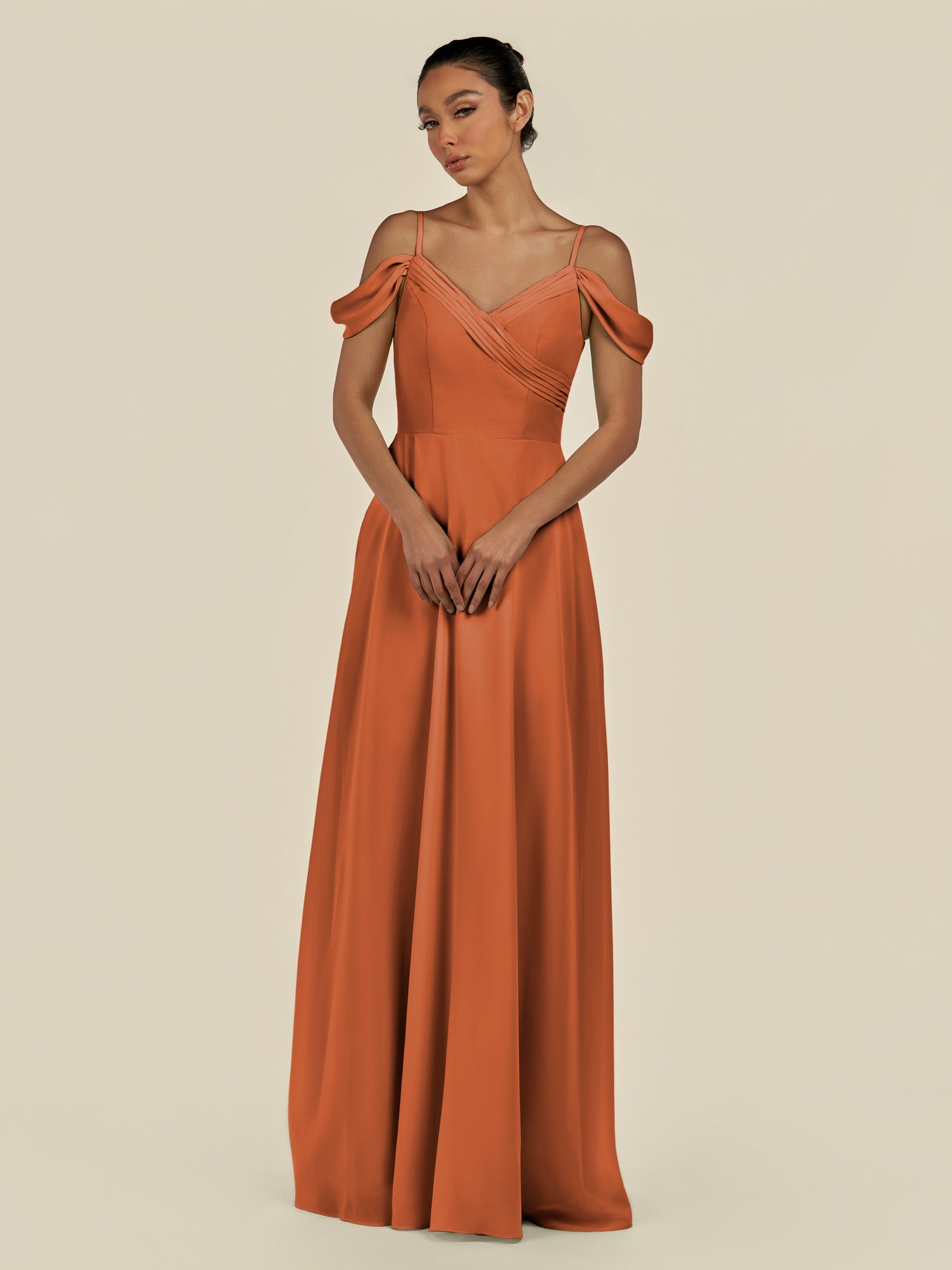 KissDress-Elvani Terracotta A Line Chiffon Off the Shoulder Long Bridesmaid Dress with Pleats