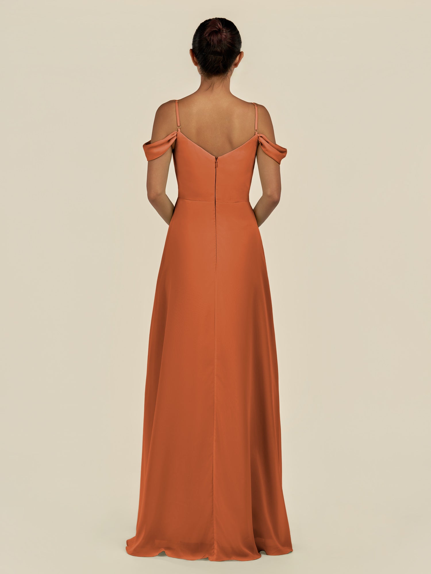 KissDress-Elvani Terracotta A Line Chiffon Off the Shoulder Long Bridesmaid Dress with Pleats