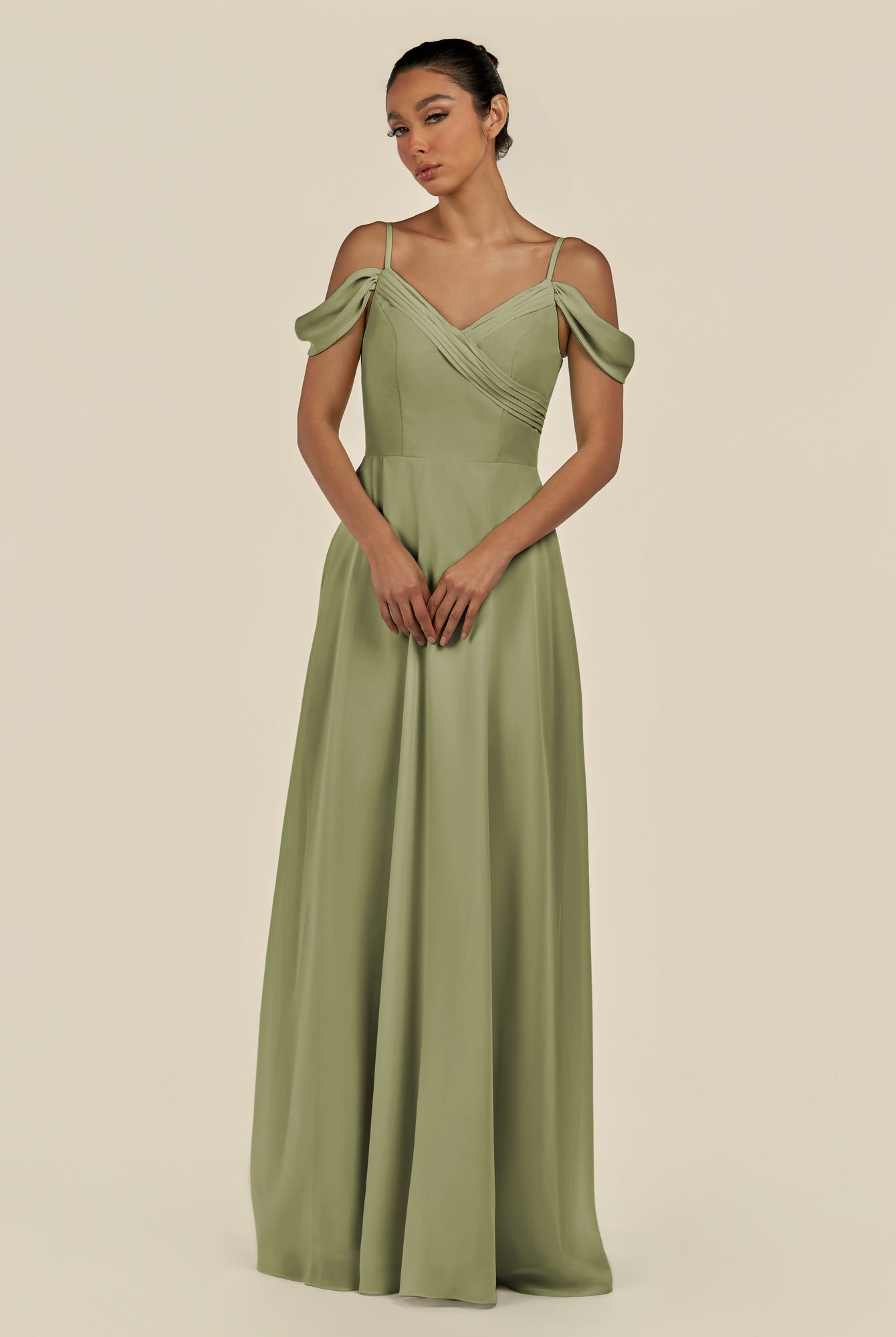 KissDress-Elvani Thyme A Line Chiffon Off the Shoulder Long Bridesmaid Dress with Pleats