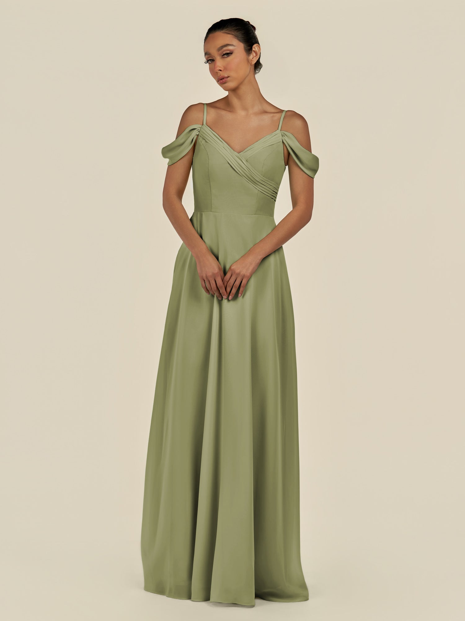 KissDress-Elvani Thyme A Line Chiffon Off the Shoulder Long Bridesmaid Dress with Pleats