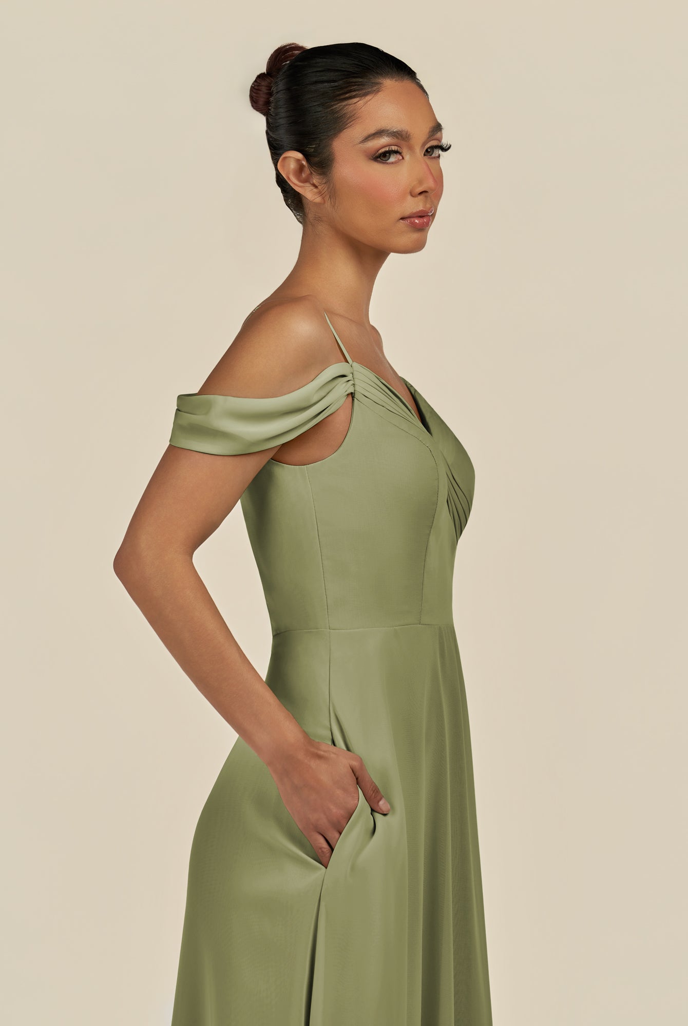 KissDress-Elvani Thyme A Line Chiffon Off the Shoulder Long Bridesmaid Dress with Pleats