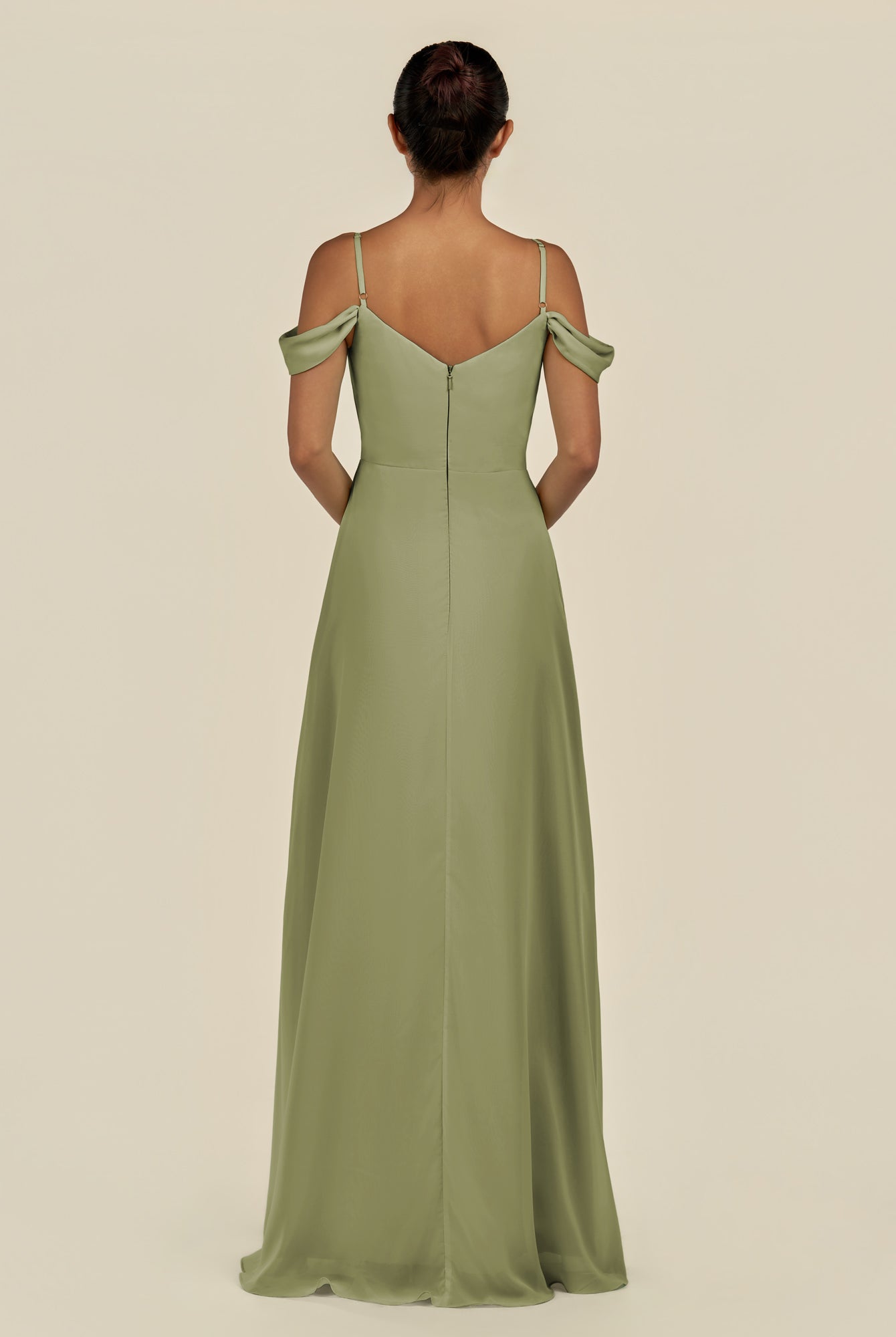 KissDress-Elvani Thyme A Line Chiffon Off the Shoulder Long Bridesmaid Dress with Pleats