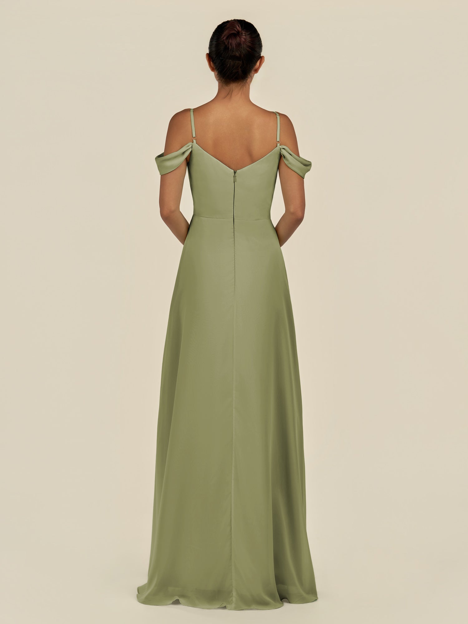 KissDress-Elvani Thyme A Line Chiffon Off the Shoulder Long Bridesmaid Dress with Pleats