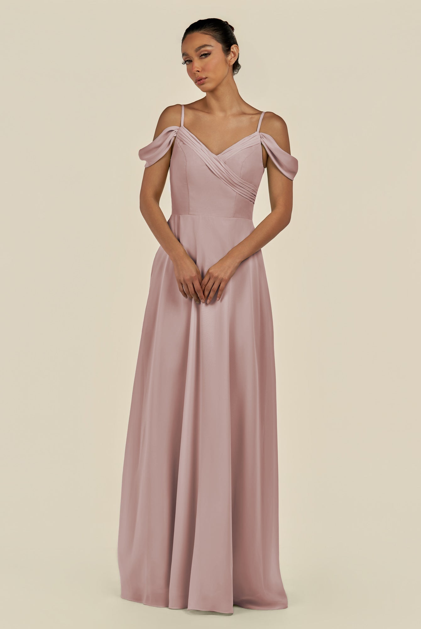 KissDress-Elvani Toffee A Line Chiffon Off the Shoulder Long Bridesmaid Dress with Pleats