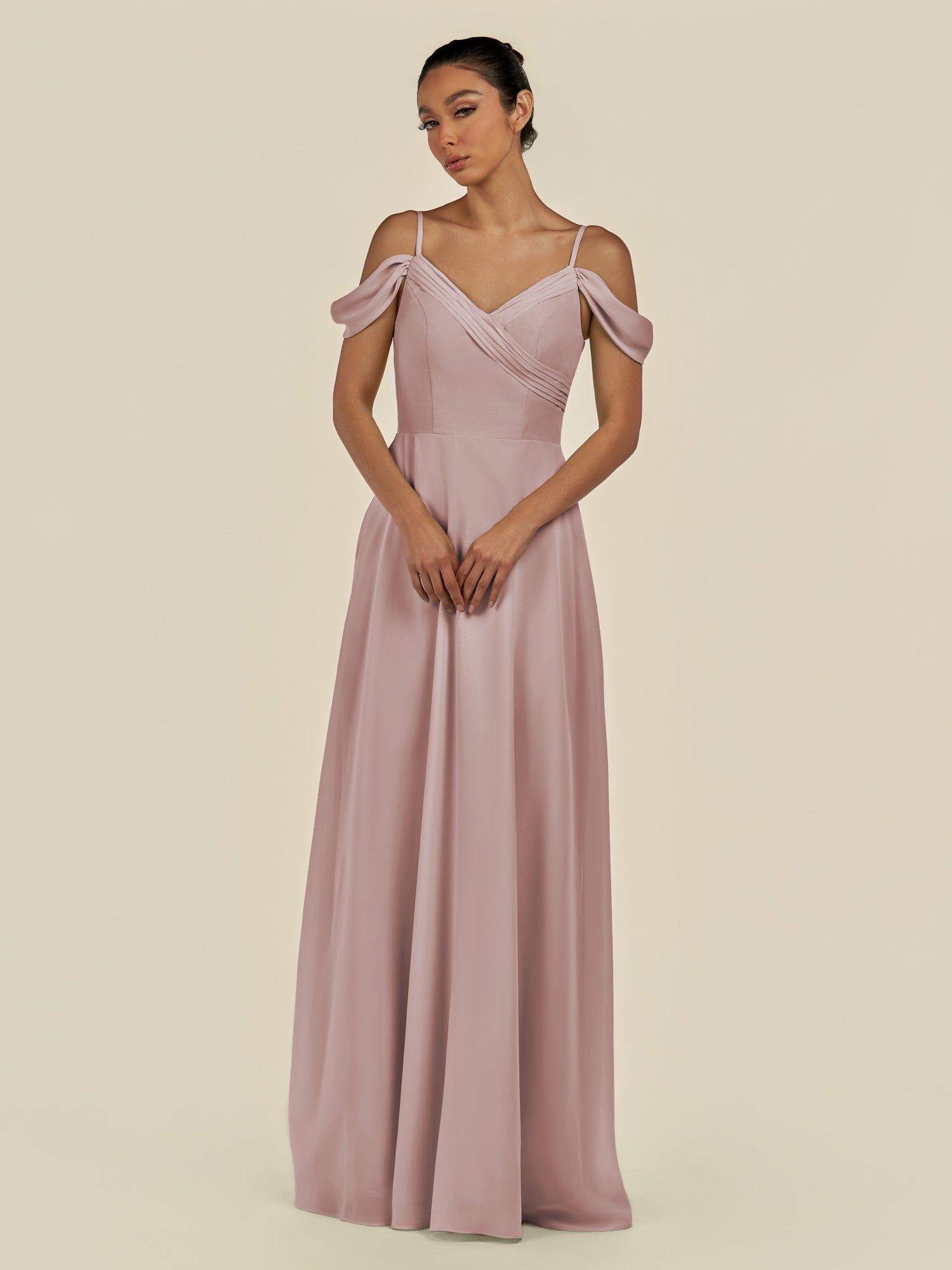KissDress-Elvani Toffee A Line Chiffon Off the Shoulder Long Bridesmaid Dress with Pleats