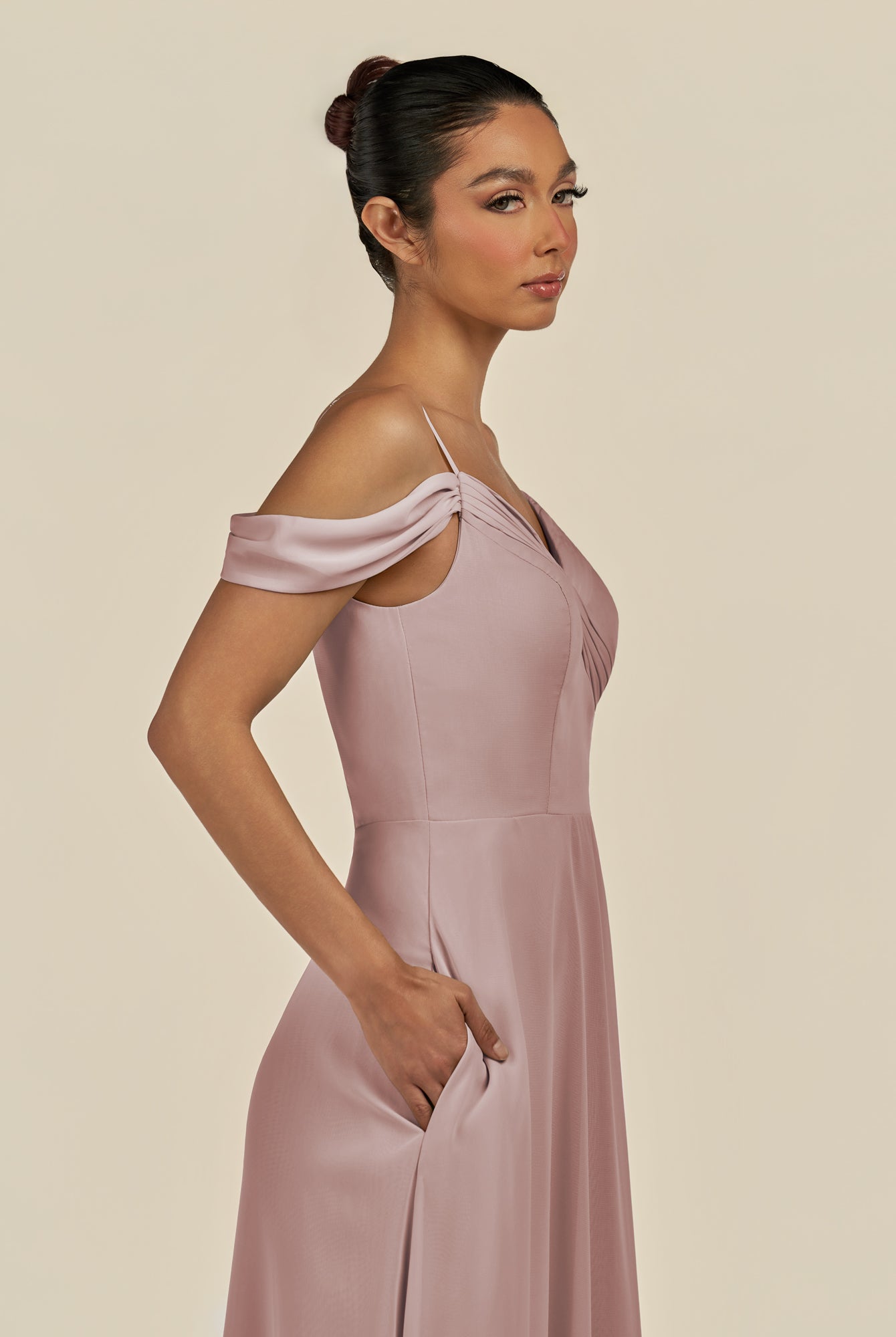 KissDress-Elvani Toffee A Line Chiffon Off the Shoulder Long Bridesmaid Dress with Pleats