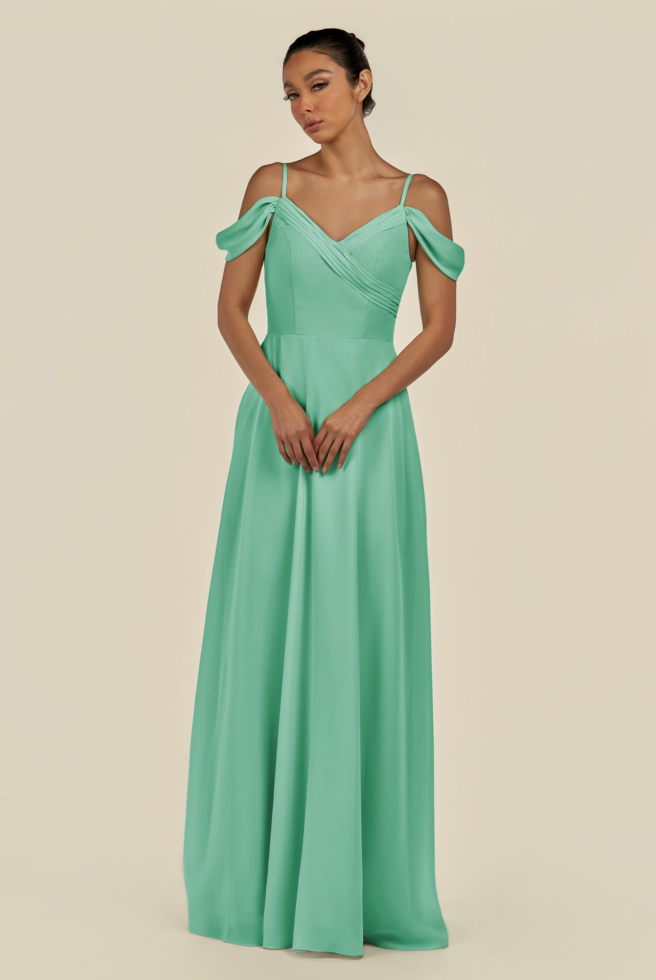 KissDress-Elvani Turquoise A Line Chiffon Off the Shoulder Long Bridesmaid Dress with Pleats
