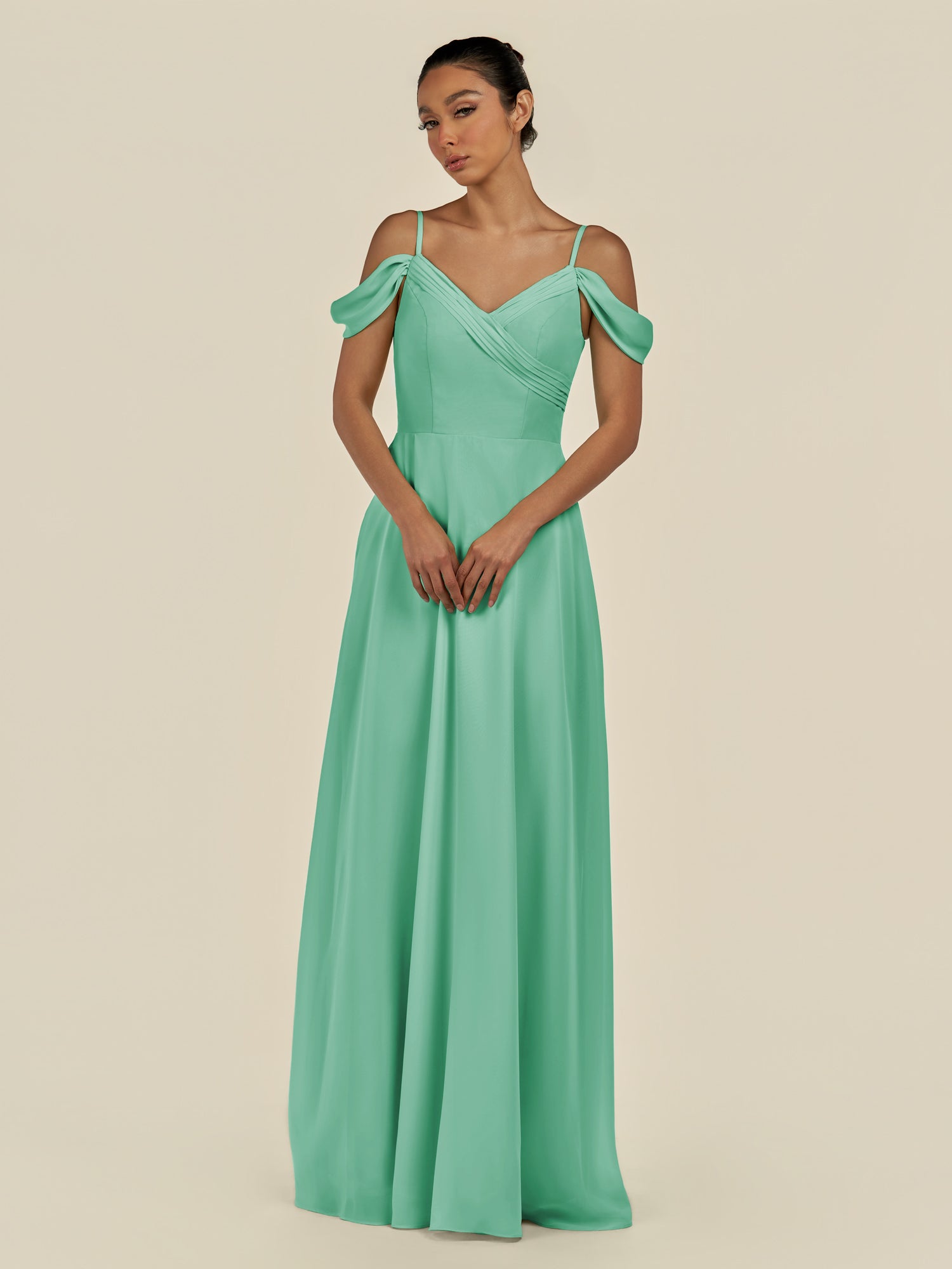 KissDress-Elvani Turquoise A Line Chiffon Off the Shoulder Long Bridesmaid Dress with Pleats