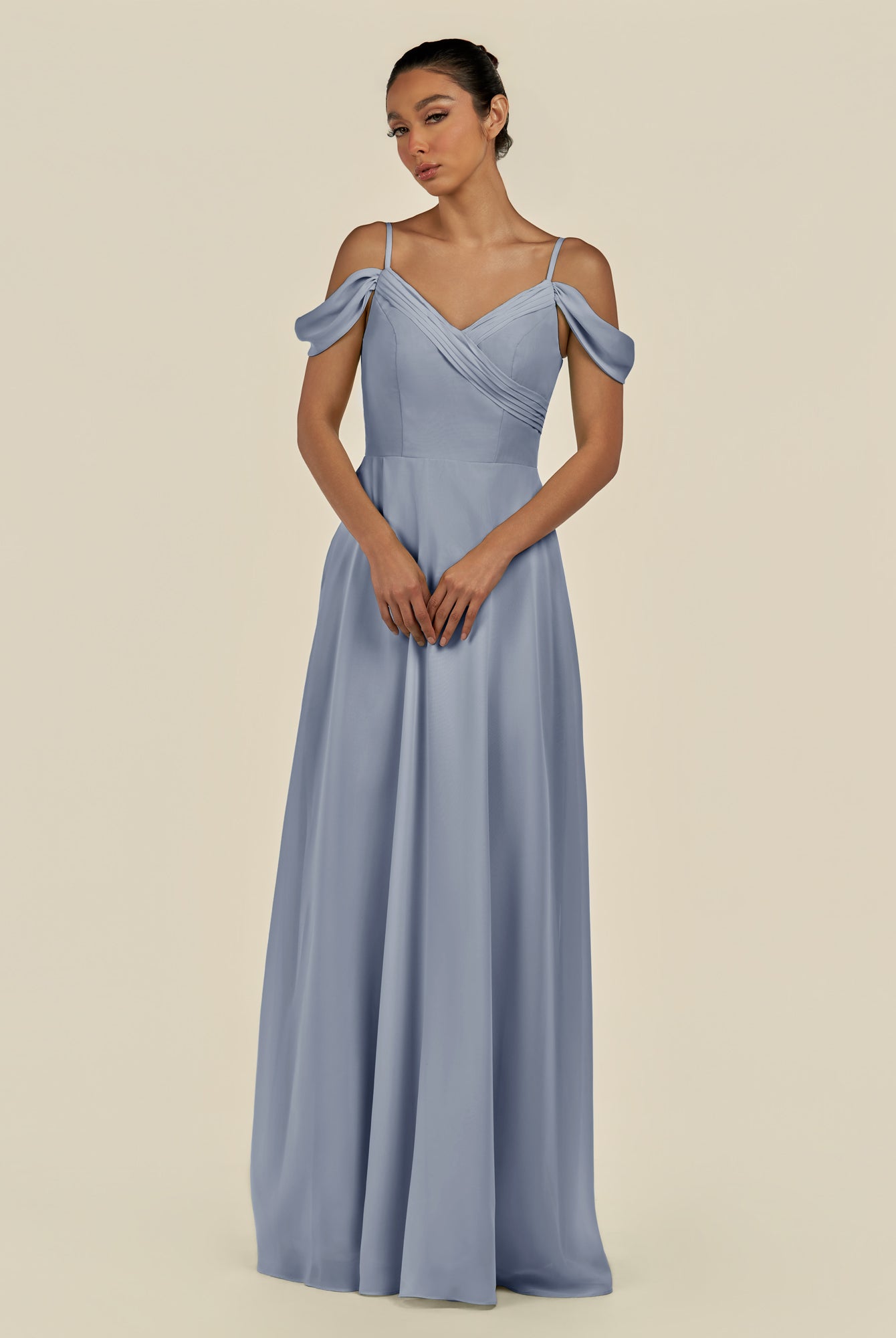 KissDress-Elvani Twilight A Line Chiffon Off the Shoulder Long Bridesmaid Dress with Pleats