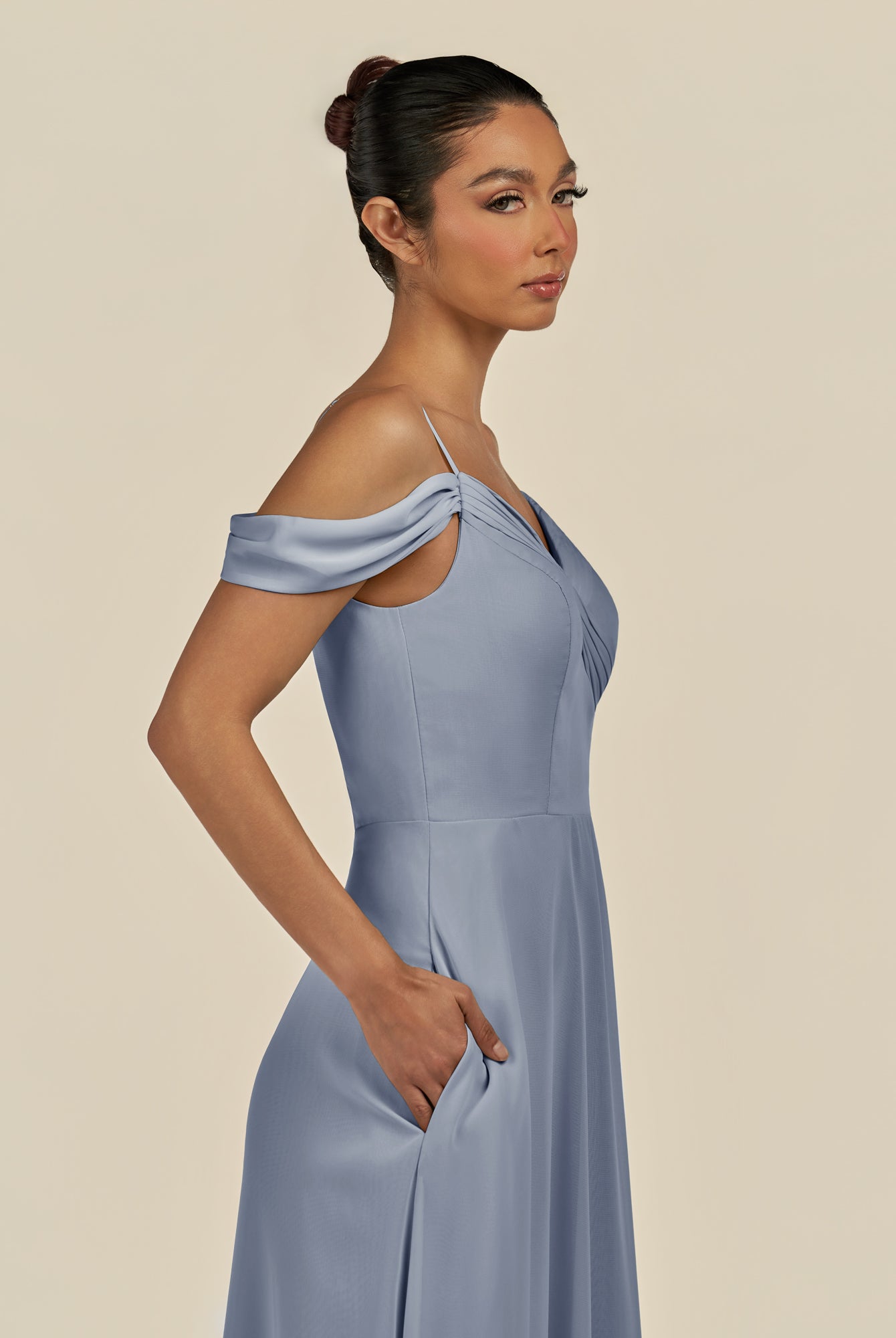 KissDress-Elvani Twilight A Line Chiffon Off the Shoulder Long Bridesmaid Dress with Pleats