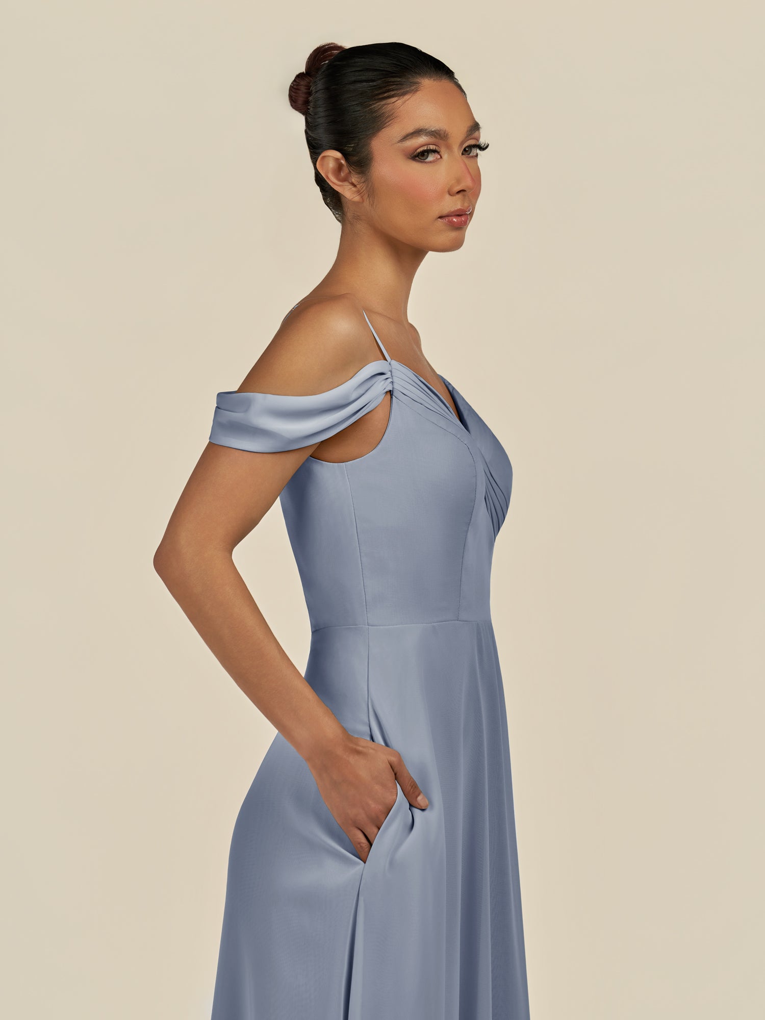 KissDress-Elvani Twilight A Line Chiffon Off the Shoulder Long Bridesmaid Dress with Pleats