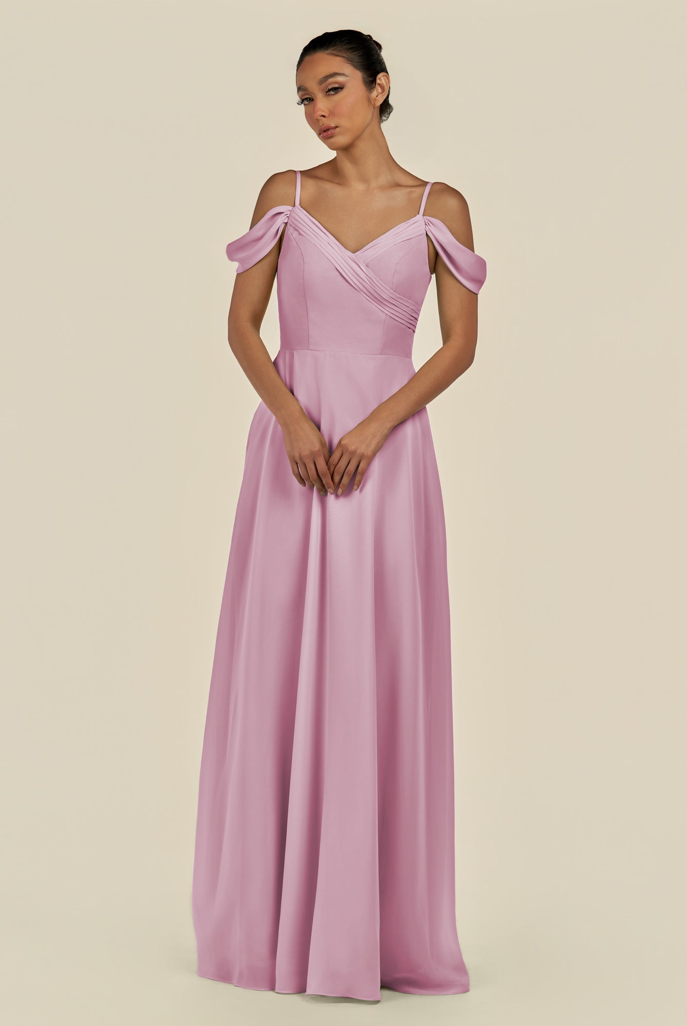 KissDress-Elvani Vintage Mauve A Line Chiffon Off the Shoulder Long Bridesmaid Dress with Pleats