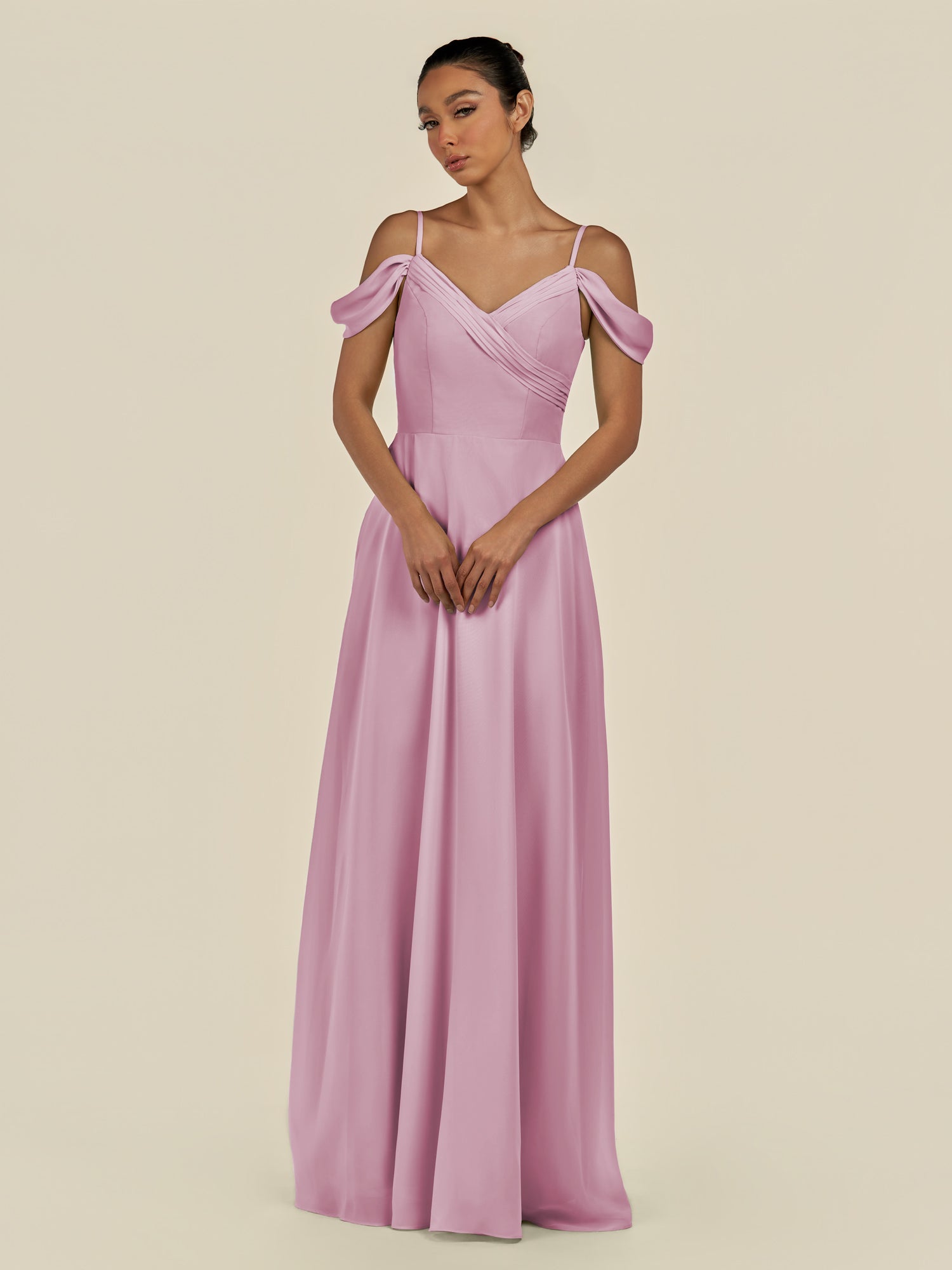 KissDress-Elvani Vintage Mauve A Line Chiffon Off the Shoulder Long Bridesmaid Dress with Pleats