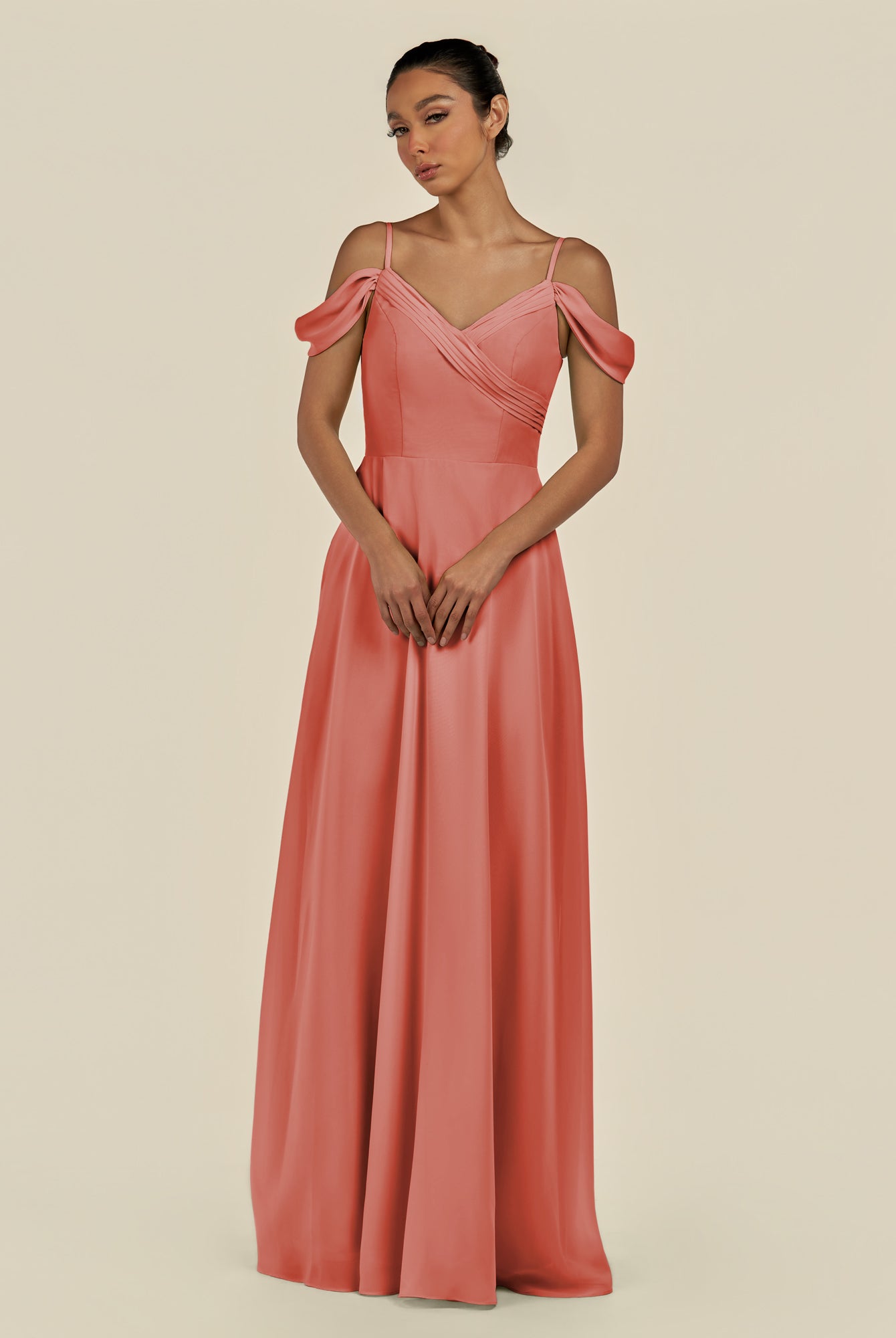 KissDress-Elvani Wild Rose A Line Chiffon Off the Shoulder Long Bridesmaid Dress with Pleats