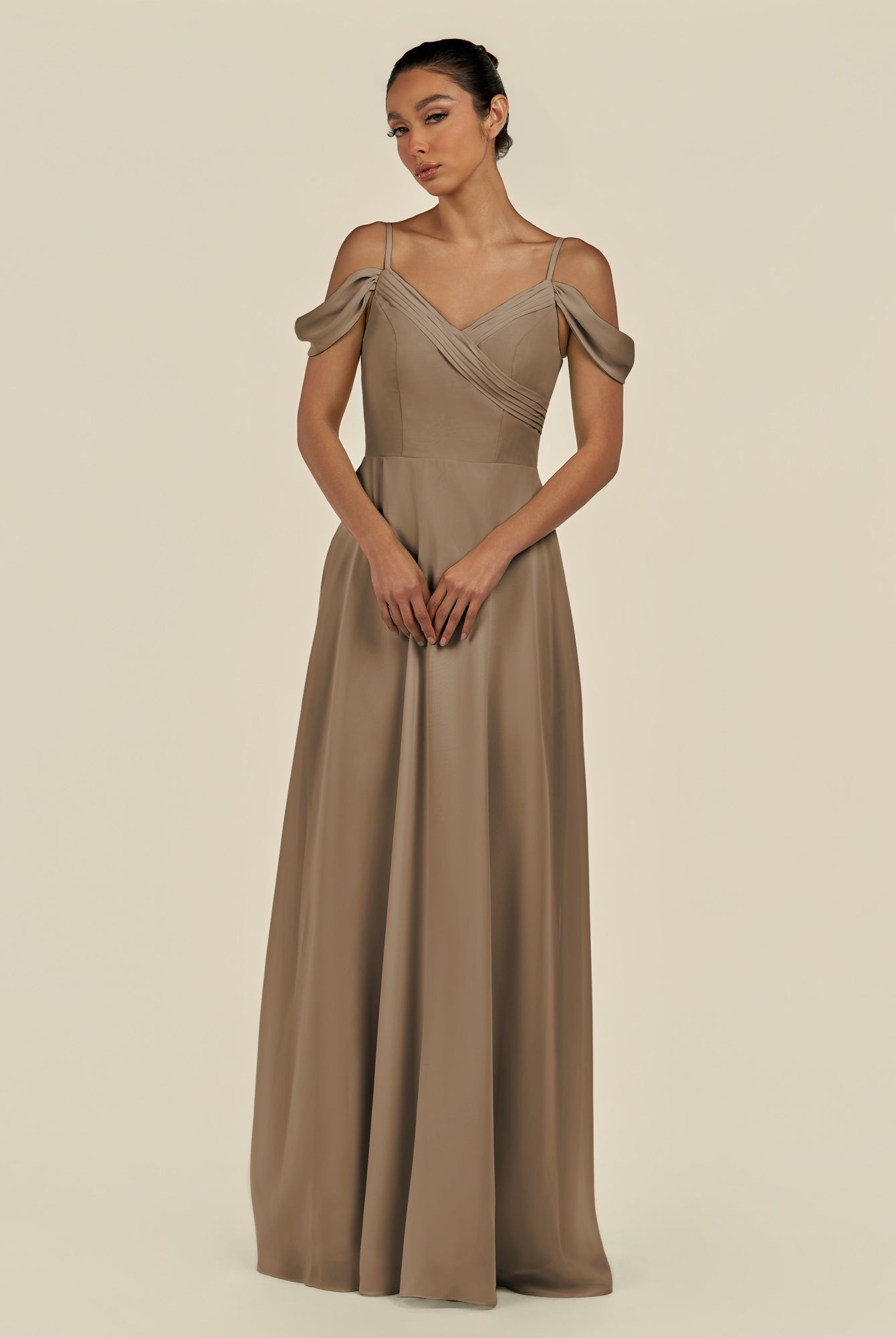 KissDress-Elvani Willow Green A Line Chiffon Off the Shoulder Long Bridesmaid Dress with Pleats