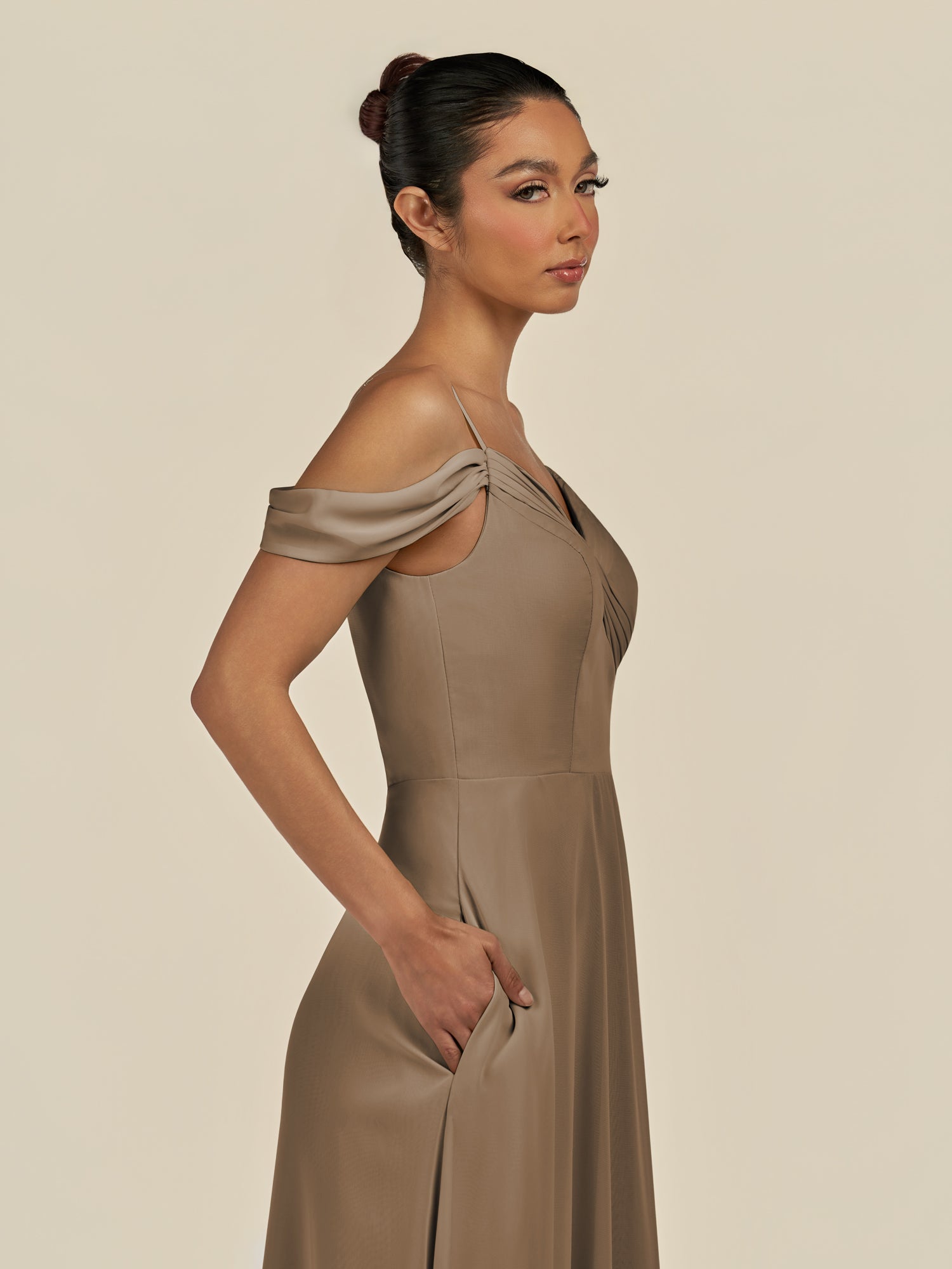 KissDress-Elvani Willow Green A Line Chiffon Off the Shoulder Long Bridesmaid Dress with Pleats