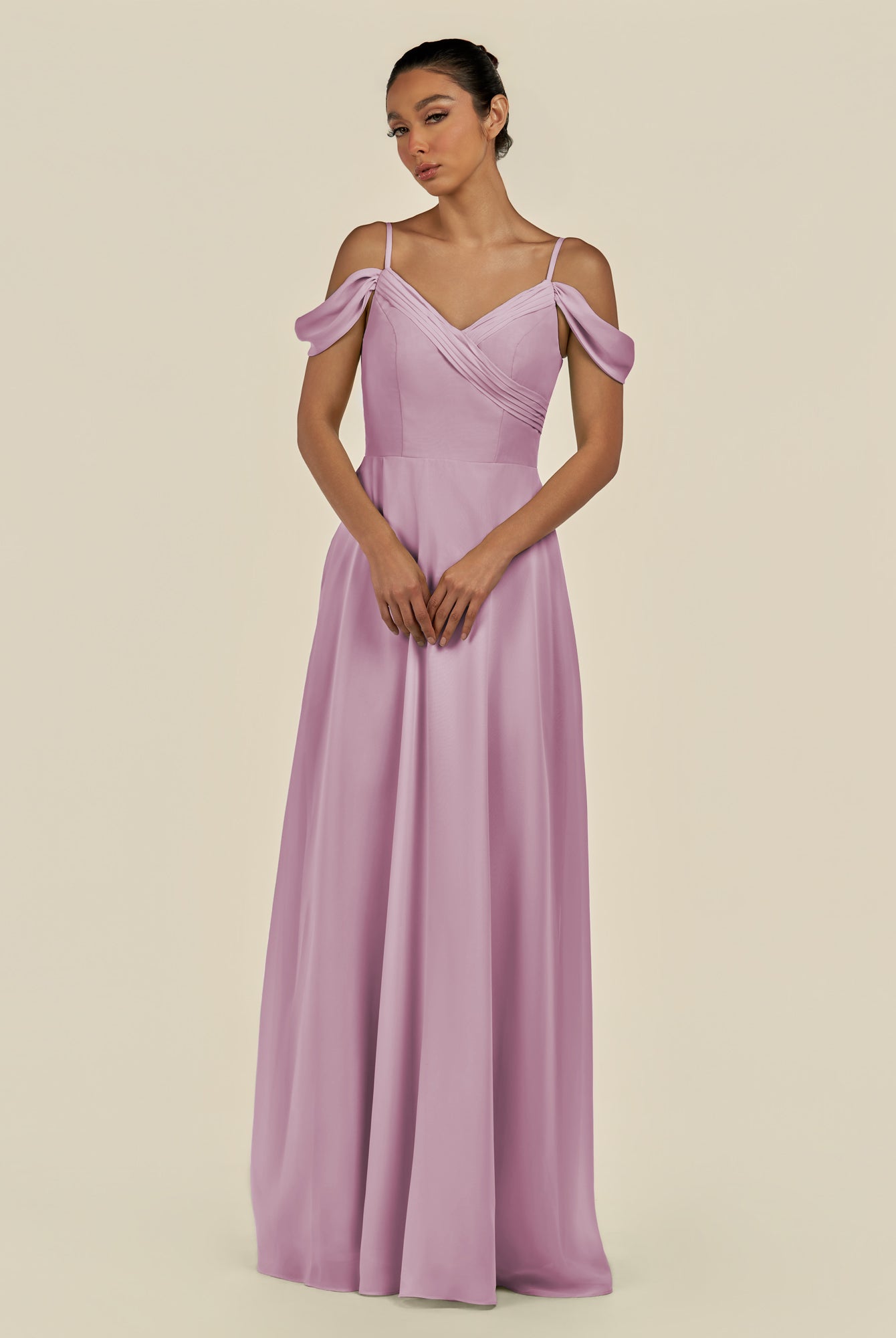 KissDress-Elvani Wisteria A Line Chiffon Off the Shoulder Long Bridesmaid Dress with Pleats