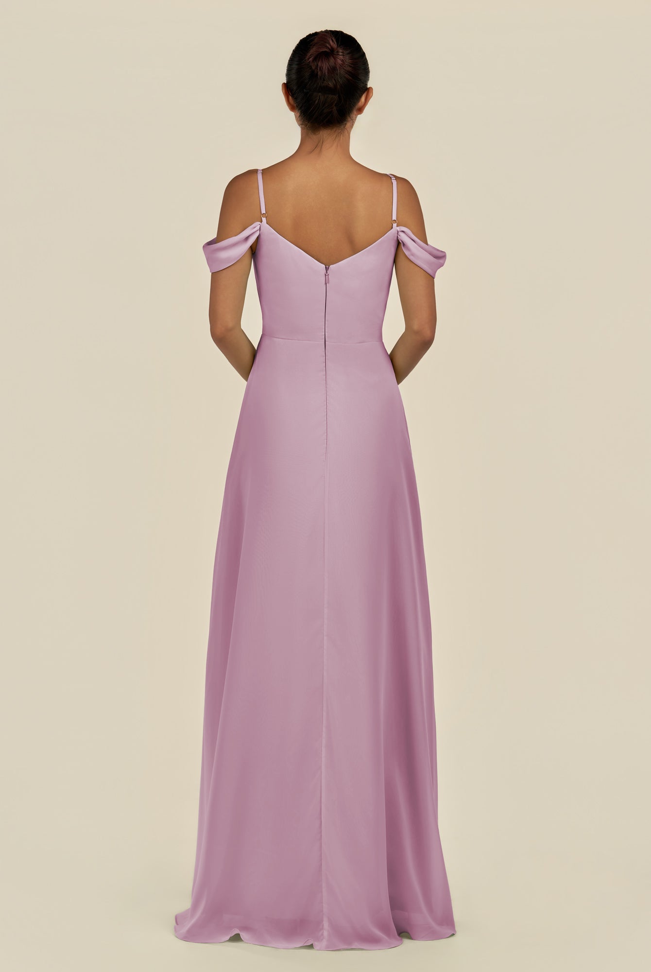 KissDress-Elvani Wisteria A Line Chiffon Off the Shoulder Long Bridesmaid Dress with Pleats