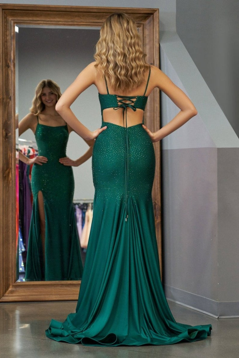 Emelia | Mermaid Spaghettti Strap Beaded Satin Prom Dress with Slit - KissProm