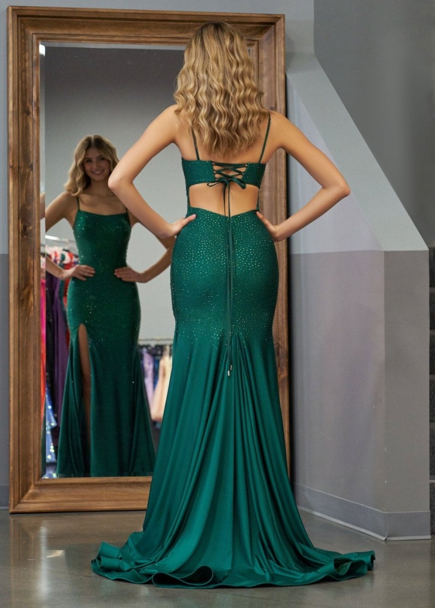 Emelia | Mermaid Spaghettti Strap Beaded Satin Prom Dress with Slit - KissProm