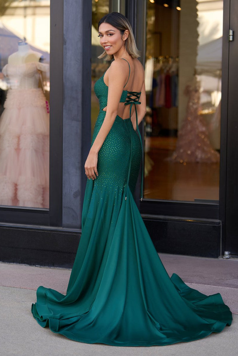 Emelia | Mermaid Spaghettti Strap Beaded Satin Prom Dress with Slit - KissProm