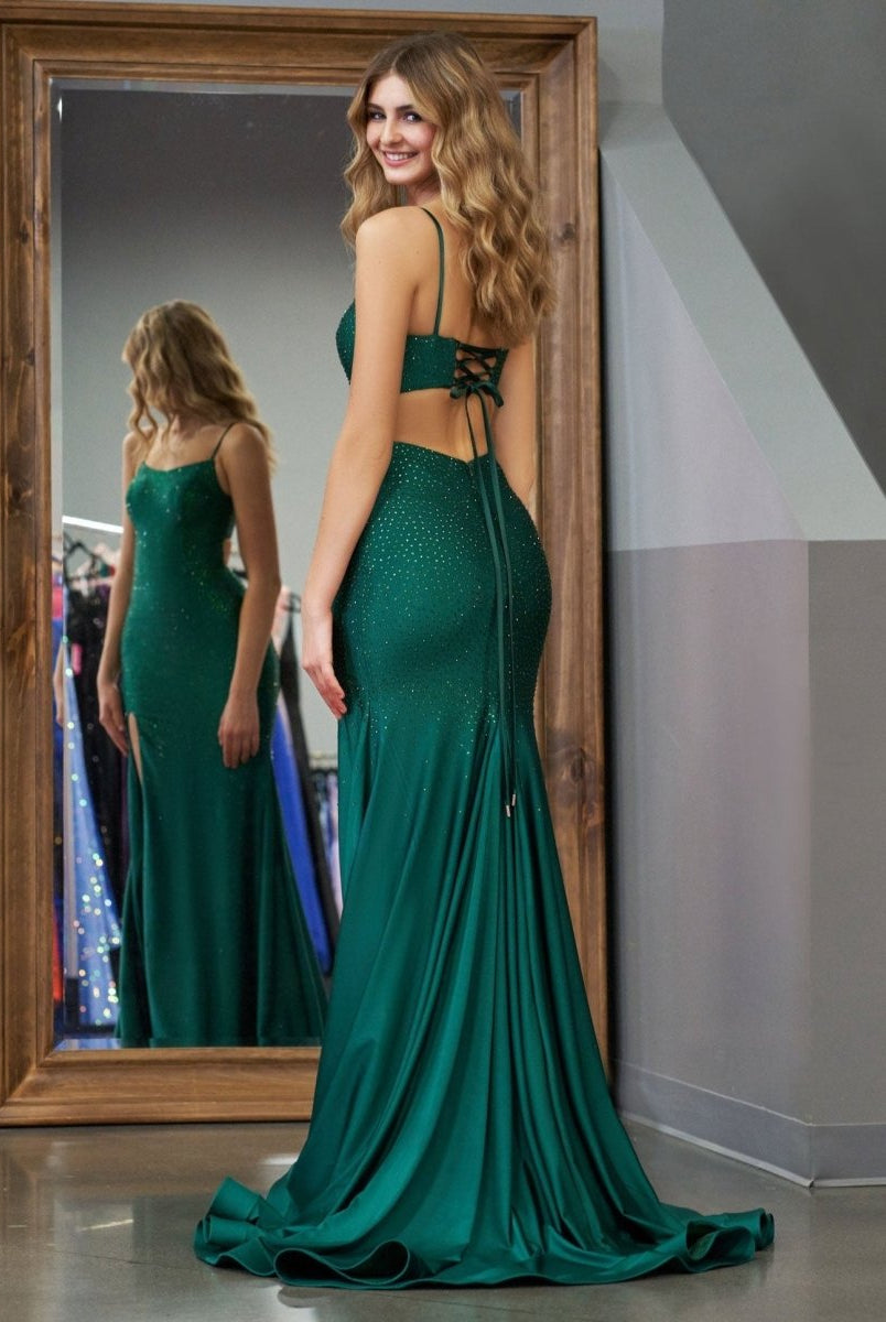 Emelia | Mermaid Spaghettti Strap Beaded Satin Prom Dress with Slit - KissProm