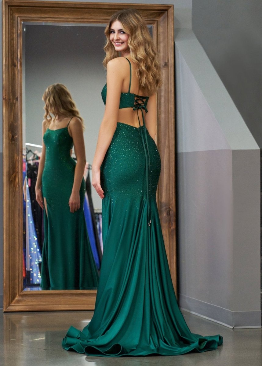 Emelia | Mermaid Spaghettti Strap Beaded Satin Prom Dress with Slit - KissProm