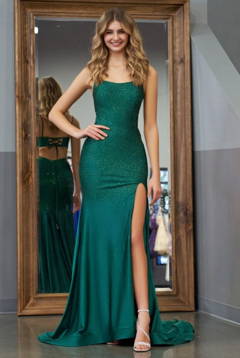 Emelia | Mermaid Spaghettti Strap Beaded Satin Prom Dress with Slit - KissProm