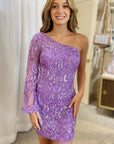 Emerald One-Sleeve Short Sequin Lace-Up Embroidered Homecoming Dress