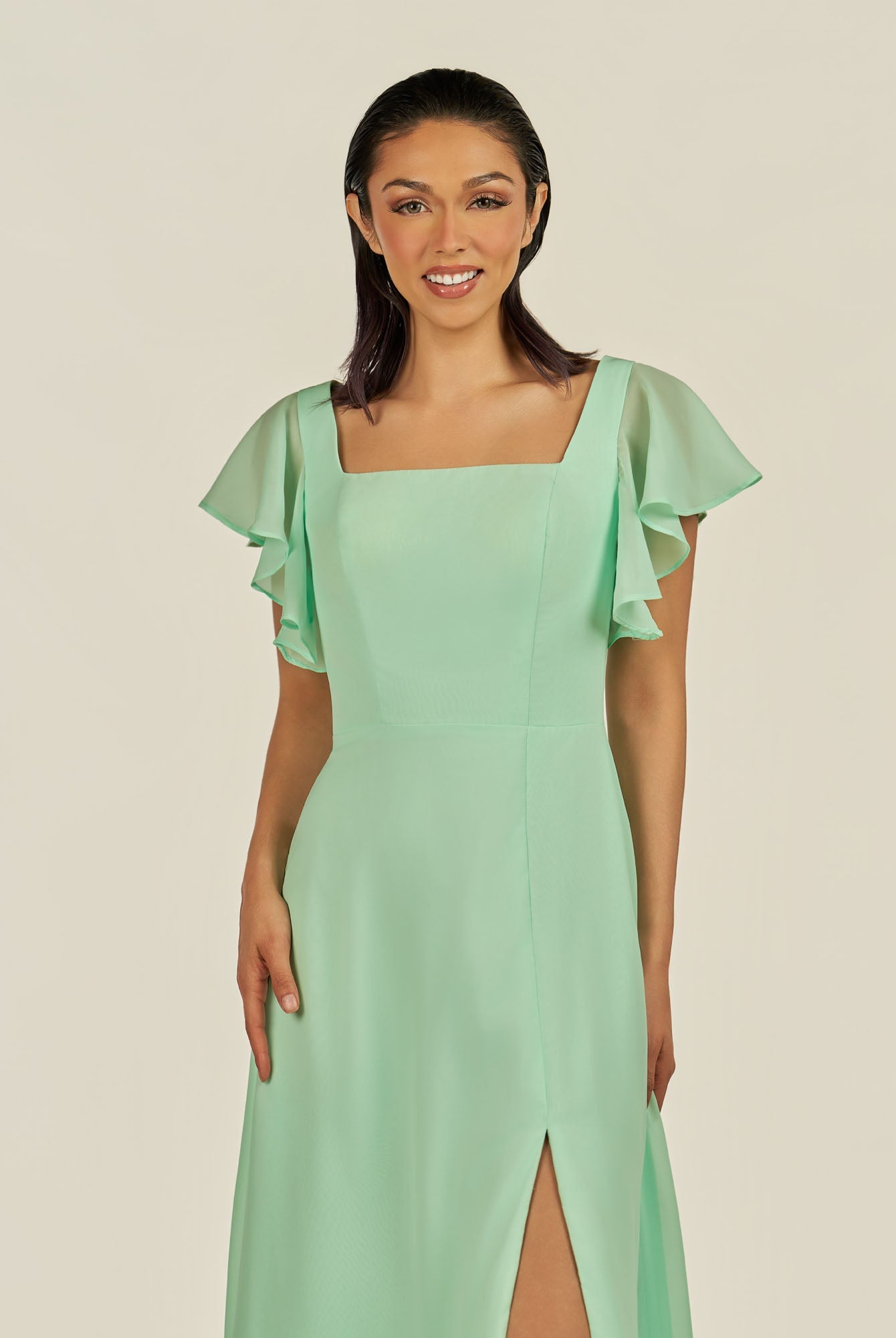 KissDress-Emeris Pale Pistachio A Line Chiffon Square Neck Long Bridesmaid Dress with Flutter Sleeves