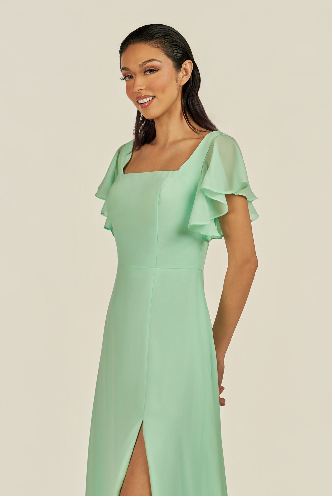 KissDress-Emeris Pale Pistachio A Line Chiffon Square Neck Long Bridesmaid Dress with Flutter Sleeves