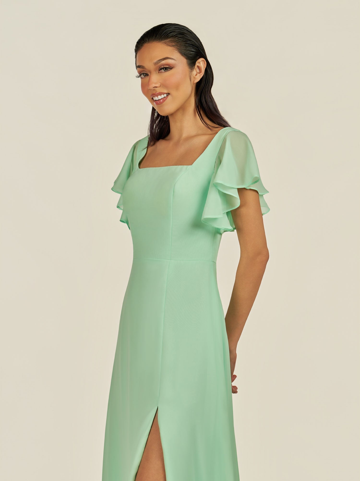 KissDress-Emeris Pale Pistachio A Line Chiffon Square Neck Long Bridesmaid Dress with Flutter Sleeves