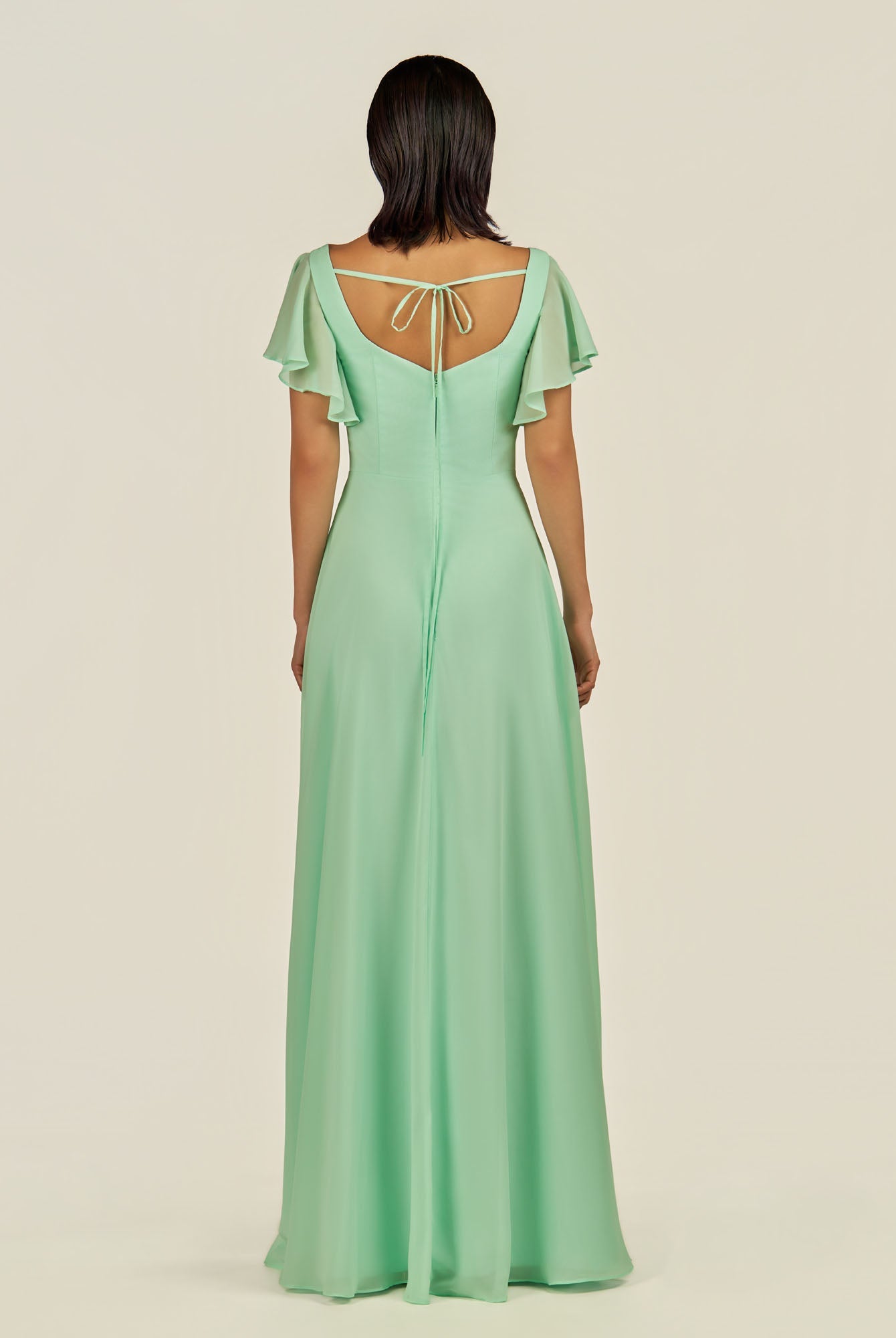 KissDress-Emeris Pale Pistachio A Line Chiffon Square Neck Long Bridesmaid Dress with Flutter Sleeves
