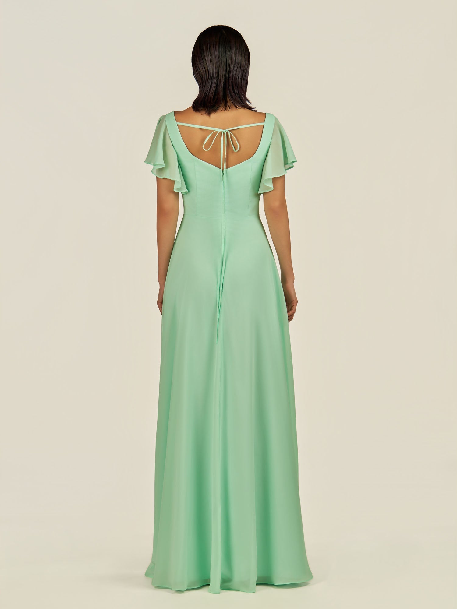 KissDress-Emeris Pale Pistachio A Line Chiffon Square Neck Long Bridesmaid Dress with Flutter Sleeves