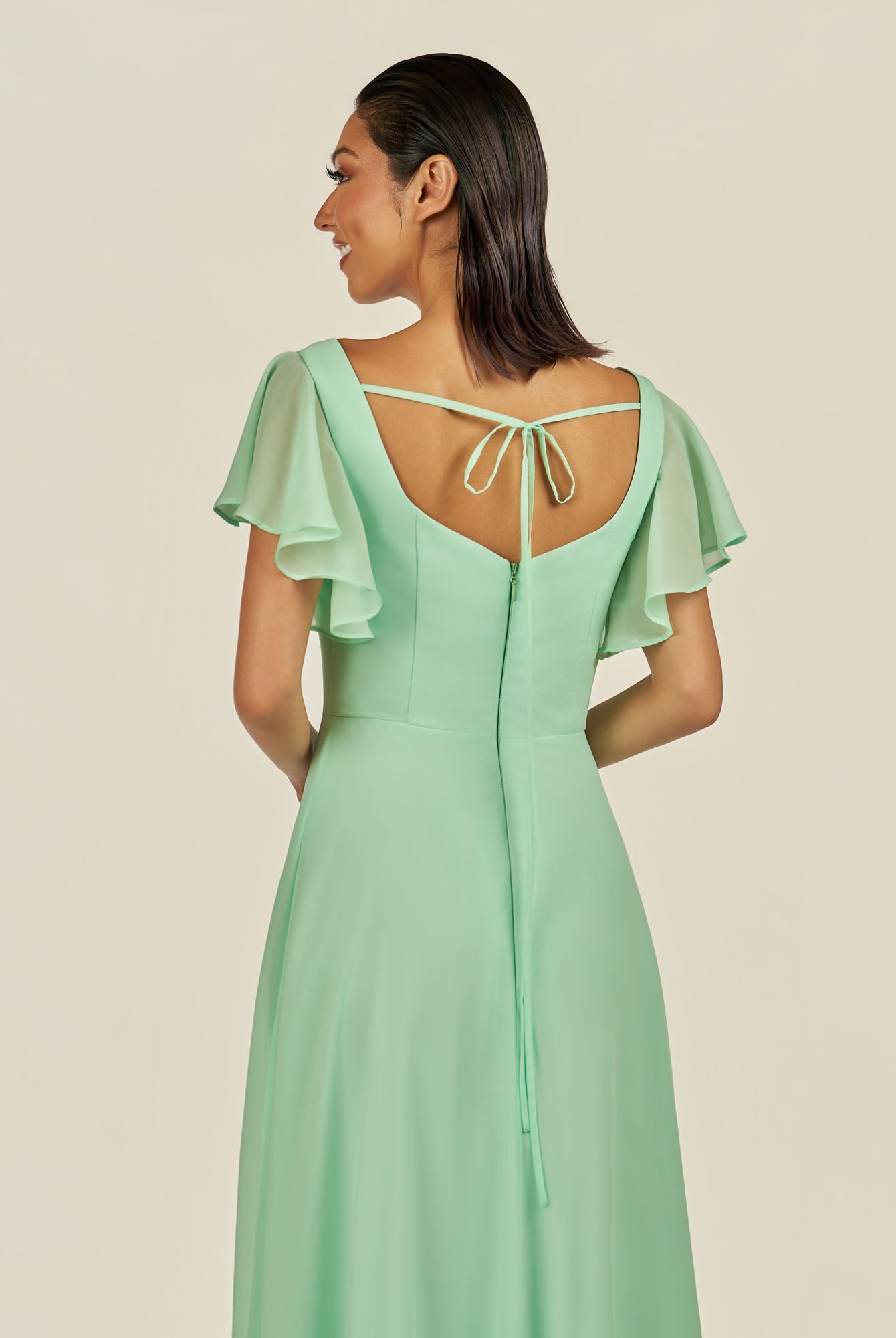KissDress-Emeris Pale Pistachio A Line Chiffon Square Neck Long Bridesmaid Dress with Flutter Sleeves