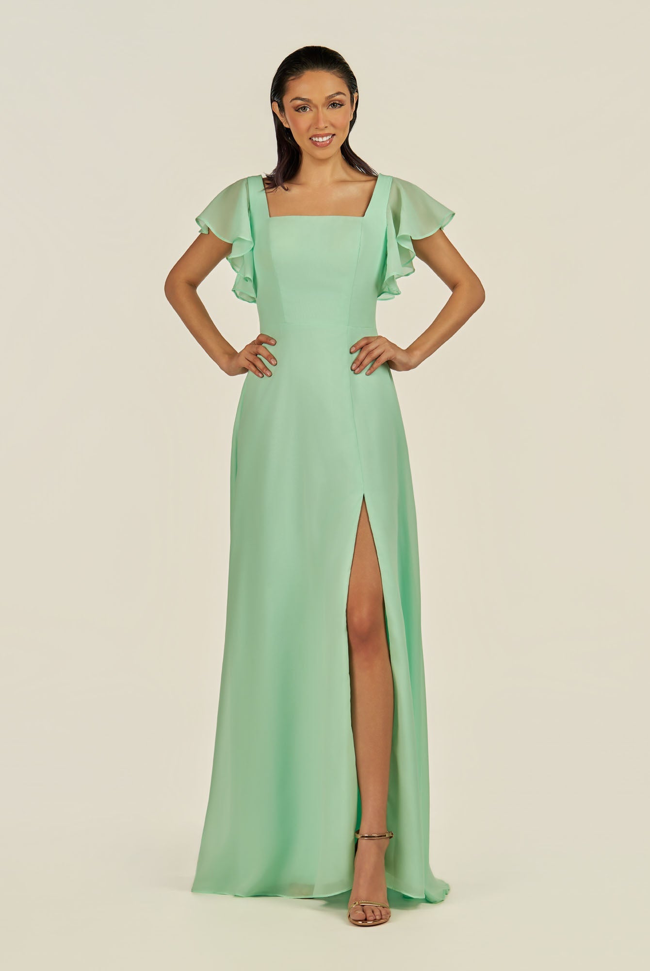 KissDress-Emeris Pale Pistachio A Line Chiffon Square Neck Long Bridesmaid Dress with Flutter Sleeves