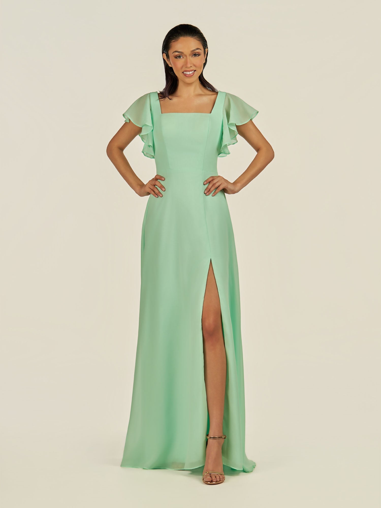 KissDress-Emeris Pale Pistachio A Line Chiffon Square Neck Long Bridesmaid Dress with Flutter Sleeves
